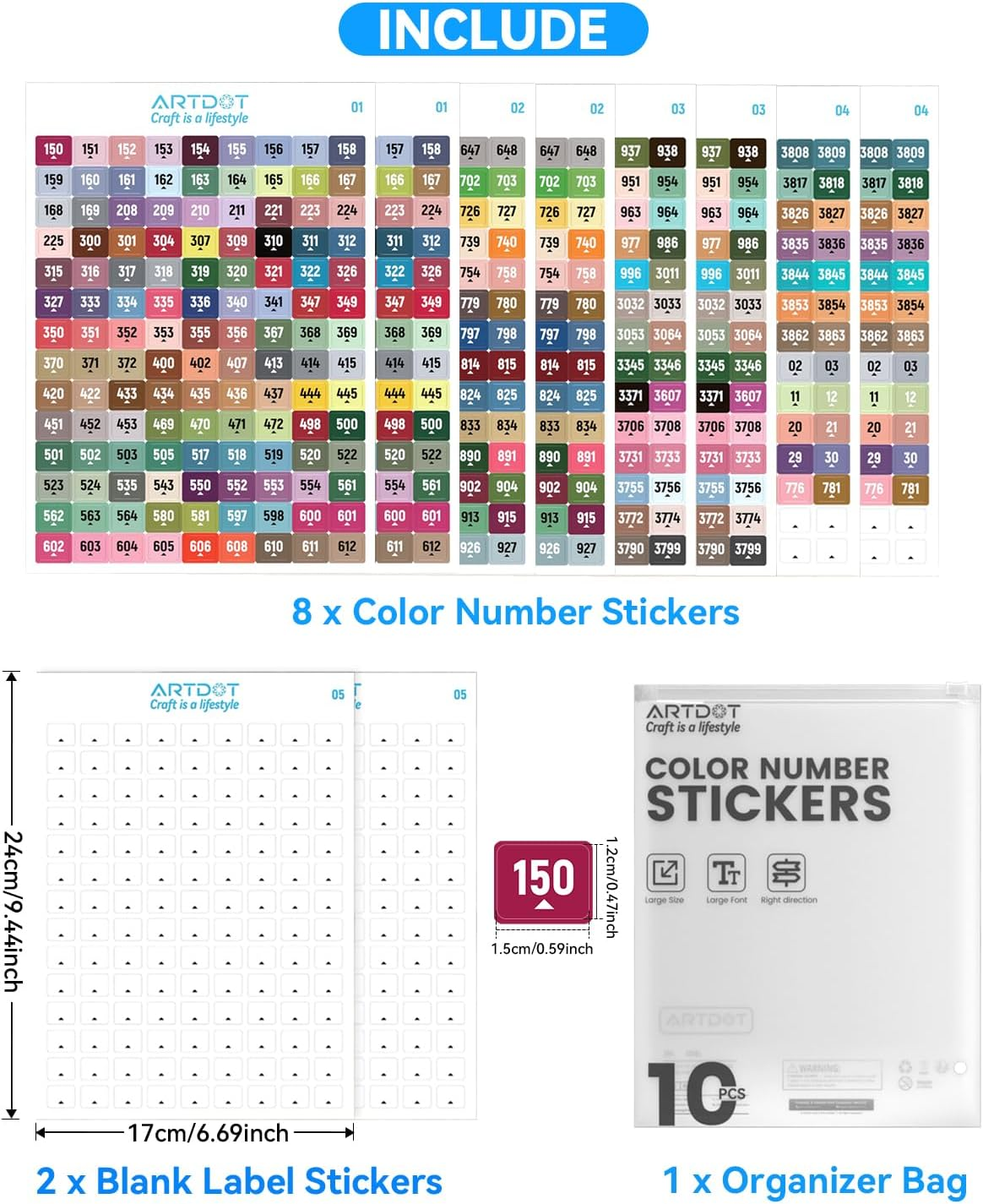 ARTDOT 2 Set Label Stickers for Diamond Art Storage Kits for Adults, 489 Colors Stickers Matched with Actual Embroidery Floss as Diamond Painting Accessories and Cross Stitch Supplies