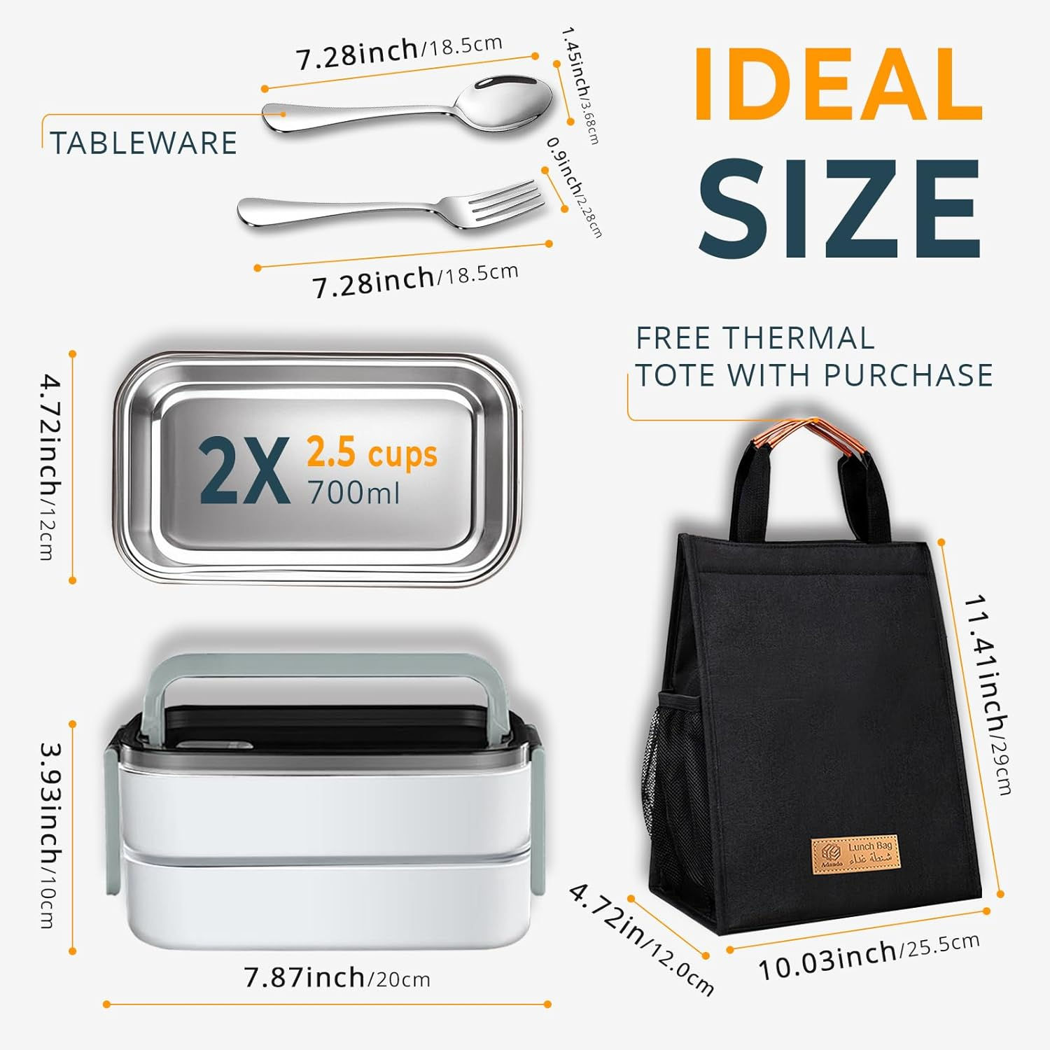 Stainless Steel Lunch Box: 1400Ml 304 Stainless Steel - BPA Free Leakproof Bento Box with Microwave-Safe - Thermal Insulation Detachable for Adults Students for Office School Worksites (White) image number 2