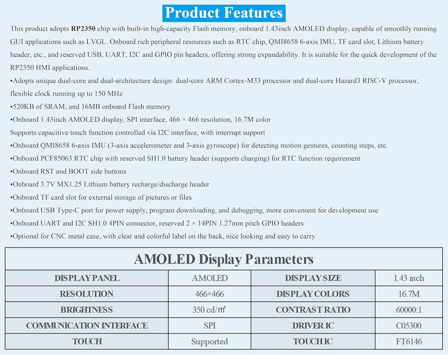 RP2350 1.43Inch AMOLED Touch Display Development Board, 466X466, SPI Interface, RP2350 Chip with AMOLED Screen Rich Interfaces, for Development of RP2350 HMI Applications, with CNC Metal Case image number 4