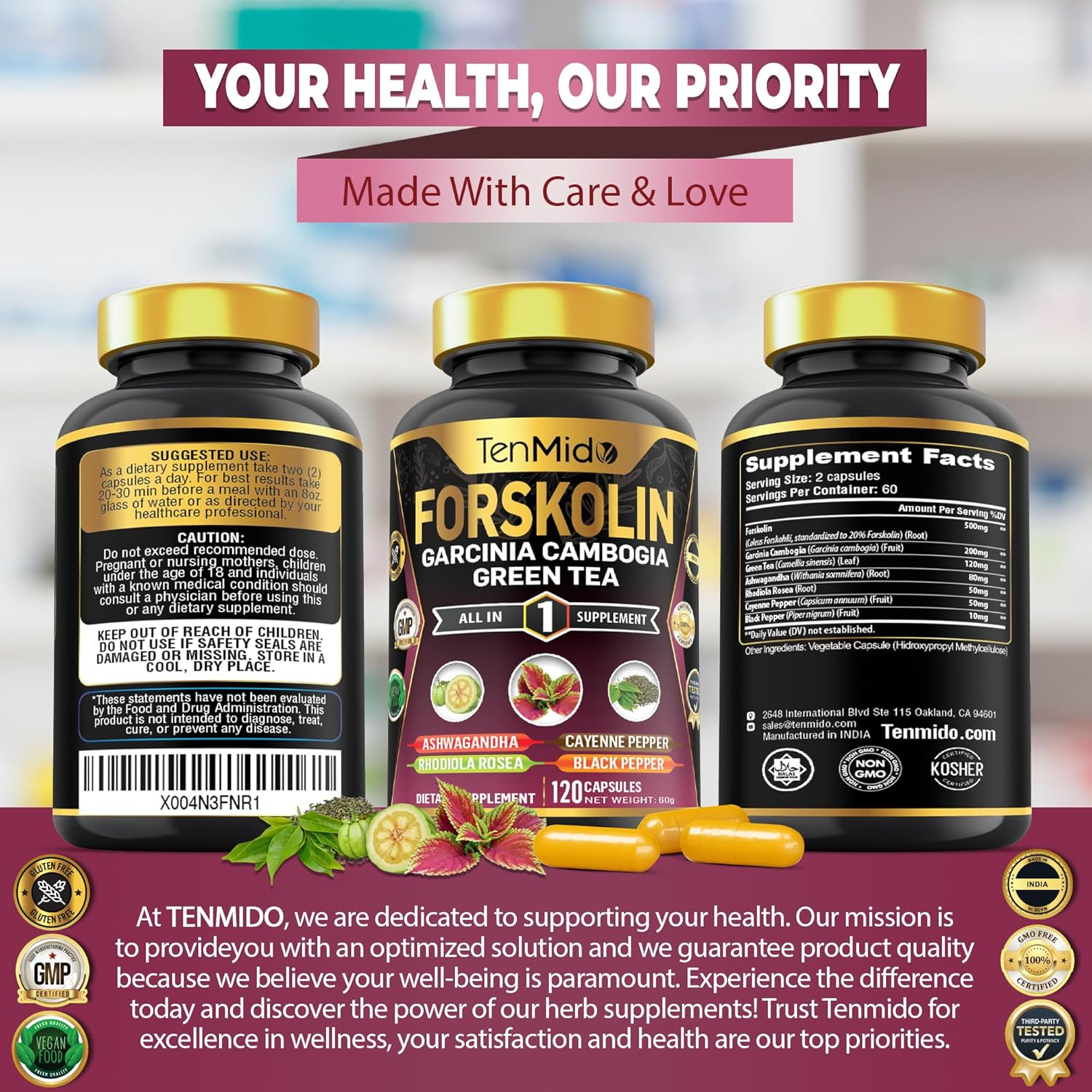 Forskolin Supplement with Garcinia Cambogia, Green Tea, Ashwagandha, Rhodiola, Cayenne & Black Pepper - 120 Non-Gmo, Vegan Capsules image number 5