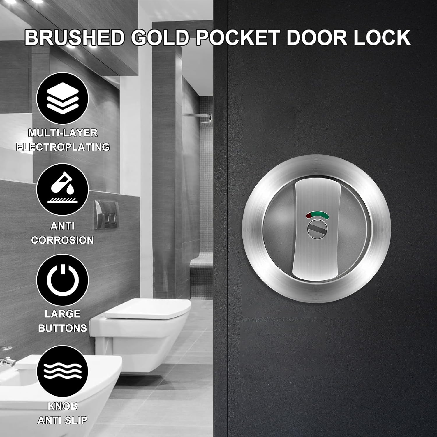 Round Pocket Door Lock Set Thickened Zinc Alloy Sliding Pocket Door Lock Hardware Kit Brushed Silver Pocket Doors Latch for Bathroom Sliding Doors (Ritz Silver (Round Double Hook)) image number 5