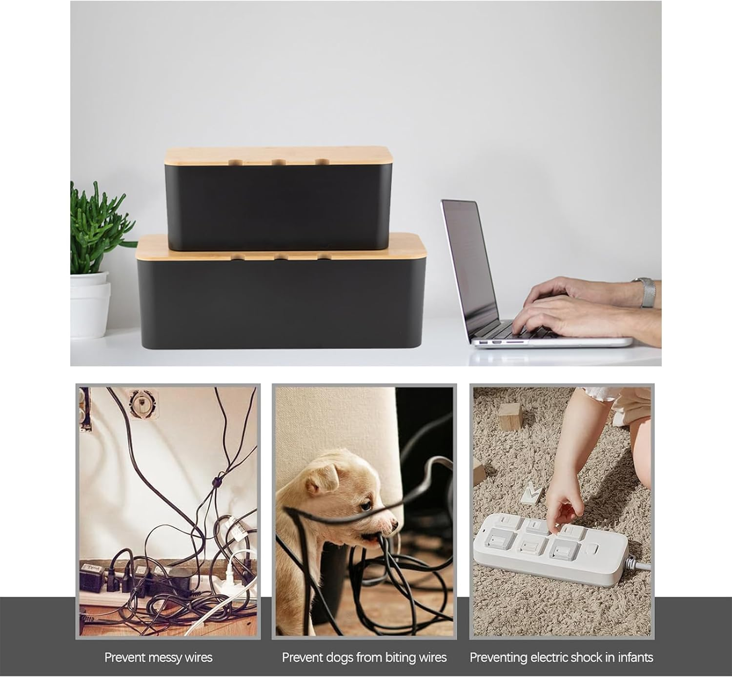 Zarek Set Two of Bamboo Cover Cable Management Box, Large Storage Tidy,Wires Keeper Holder for Computer, Desk, TV, Phone Holder, Powerboard Charging Cable, Strong Organiser Box on Home&Office（Black） - Black image number 5