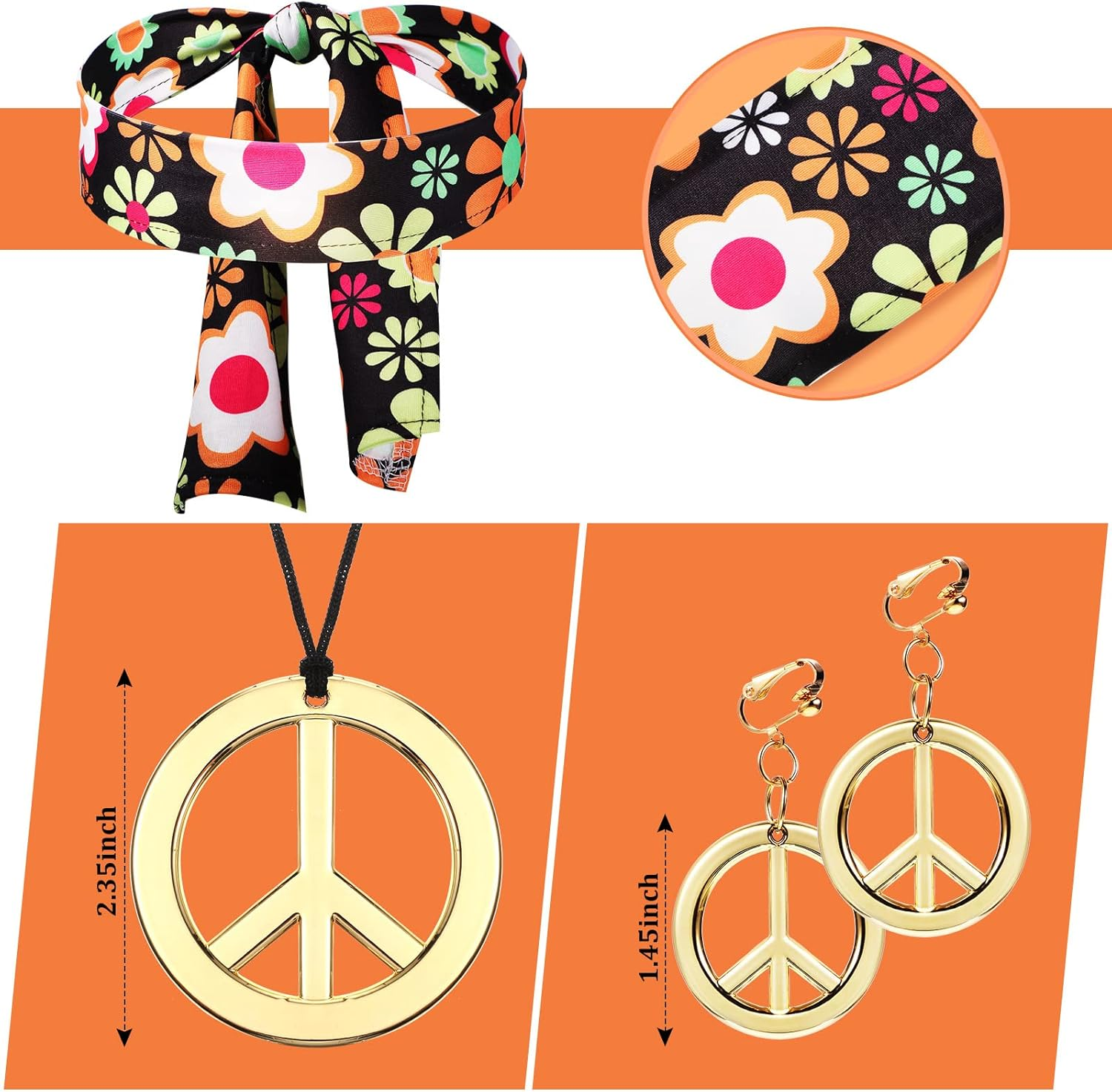 Haysandy Women'S 70S 80S Hippie Disco Costume Set: Green, Brown, Orange, Black; Earring, Necklace, Headband, Dress; Halloween; Adult Women, Halloween Enthusiasts image number 5