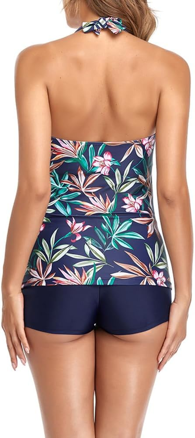 Maternity Swimsuit Two Piece Tankini High Waist Swimwear Floral Print Ruched Tops with Shorts, Goggles and Swim Cap Included image number 4