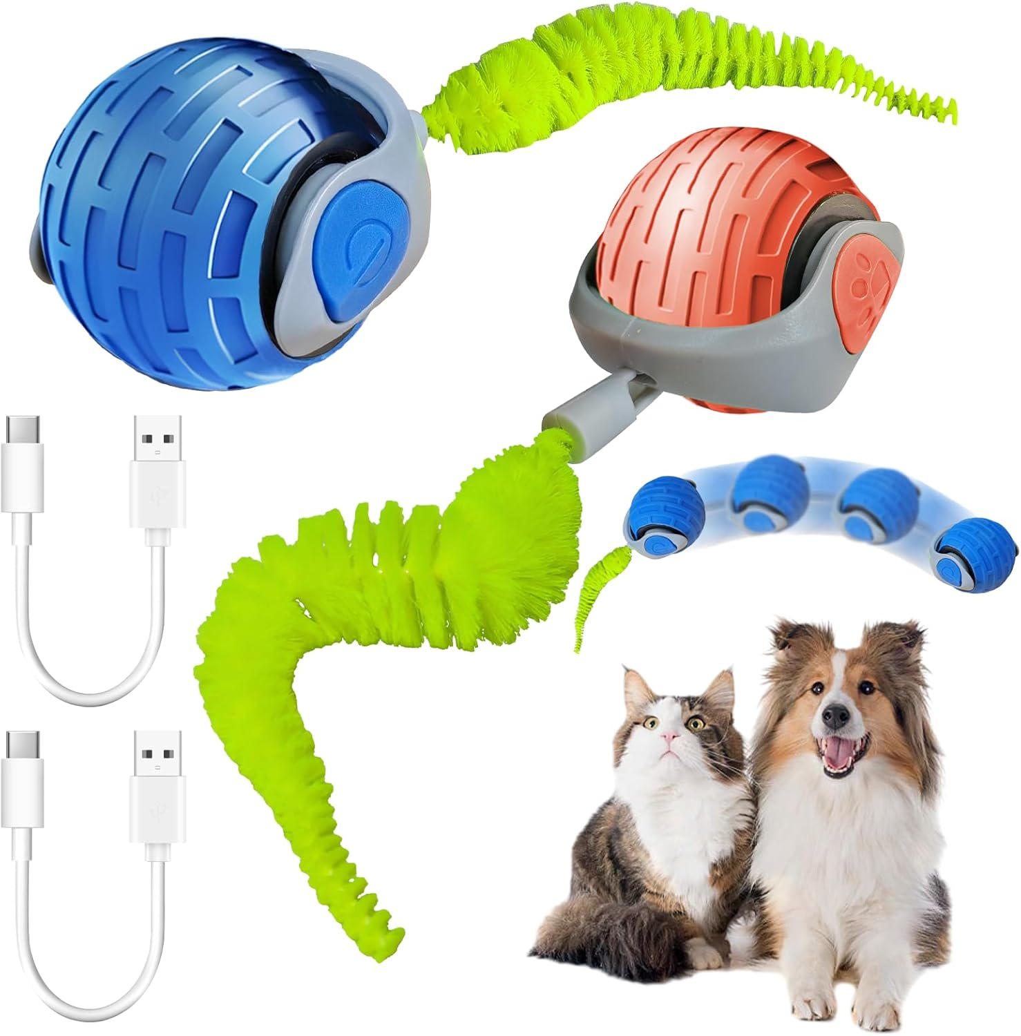Wenosda Interactive Cat Toy Ball, 2Pcs Rechargeable Cat-Balls, Dog Automatic Electric Moving Rolling Ball, Rechargeable Smart Pet Toy with 2 Adjustment Modes (Blue +Red