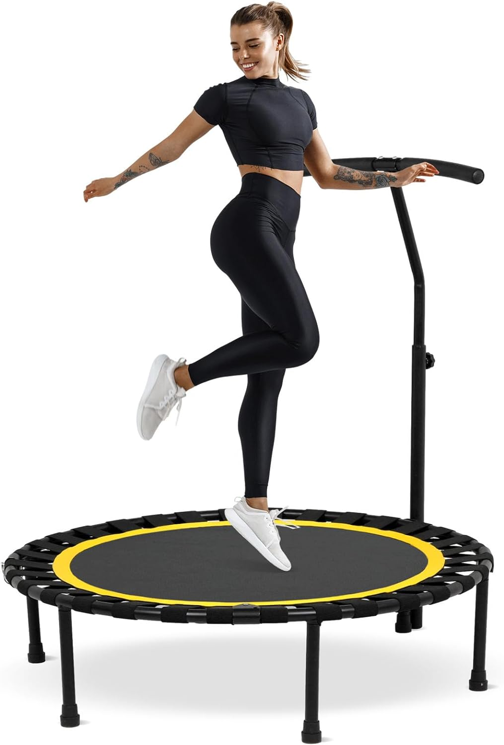 ADVWIN 50 Inch Rebounder Trampoline Fitness Mini Trampolines with T-Shaped Handle for Adults and Kids Indoor/Outdoor Workout Max Load 150KG Yellow/Orange