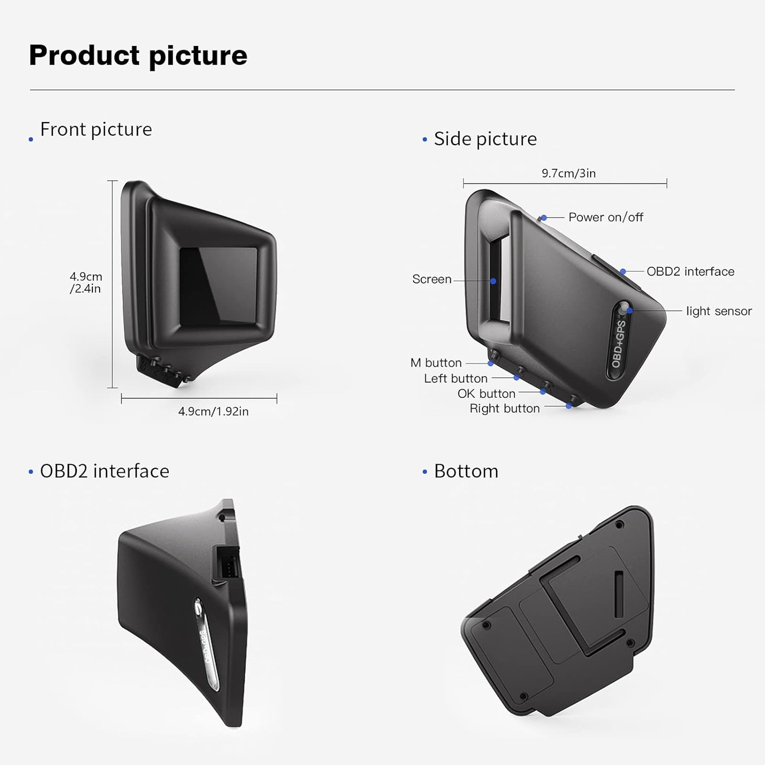 Car HUD P8, OBDII & GPS Dual System, 2" LED Display, Black image number 2