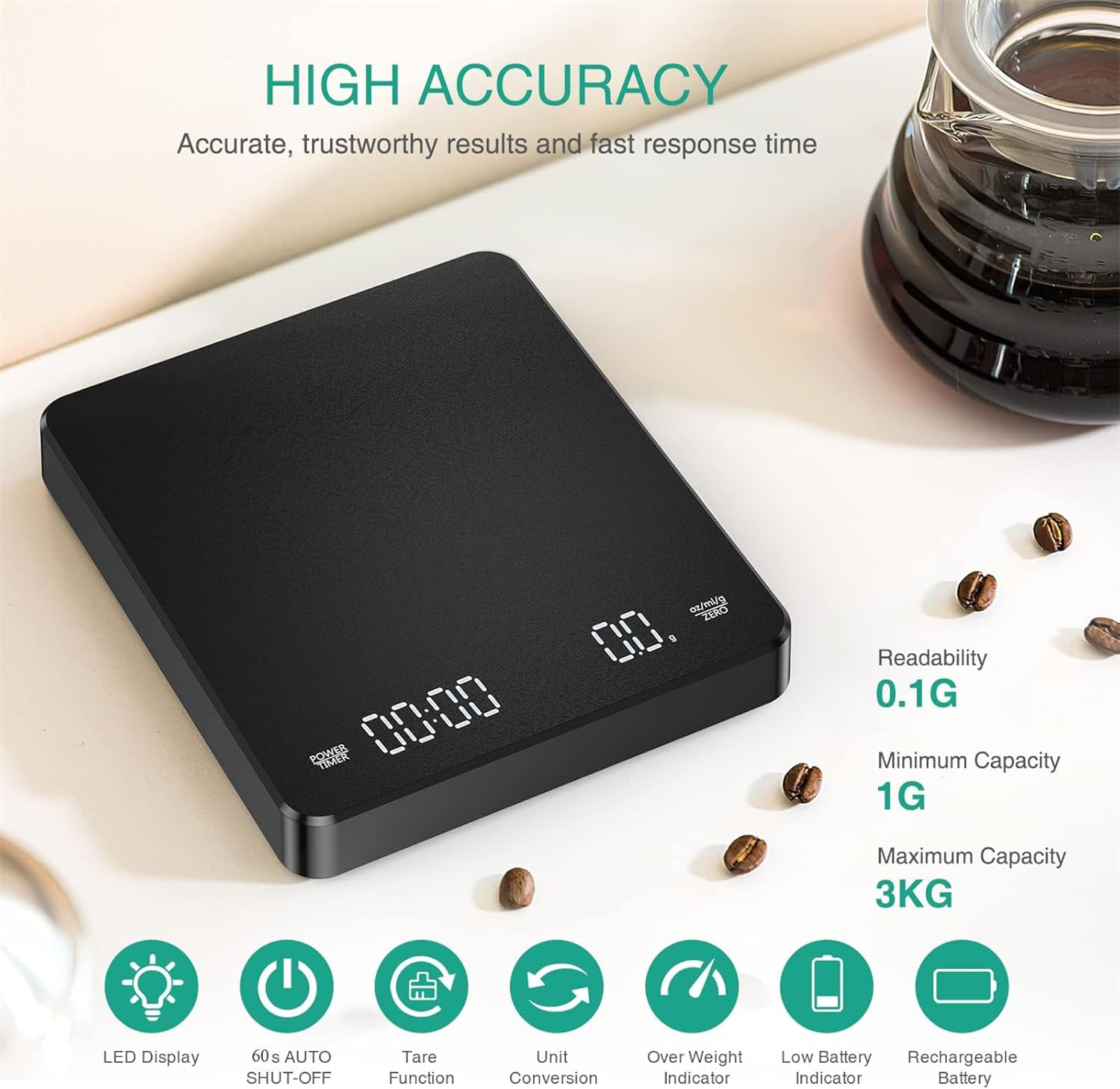 Digital Coffee Scale with Timer, Rechargeable Portable Drip Espresso Scale 3Kg/0.1G Precision Kitchen Scale with Automatic Timing Function,With Waterproof Insulation Pad (Black) image number 1