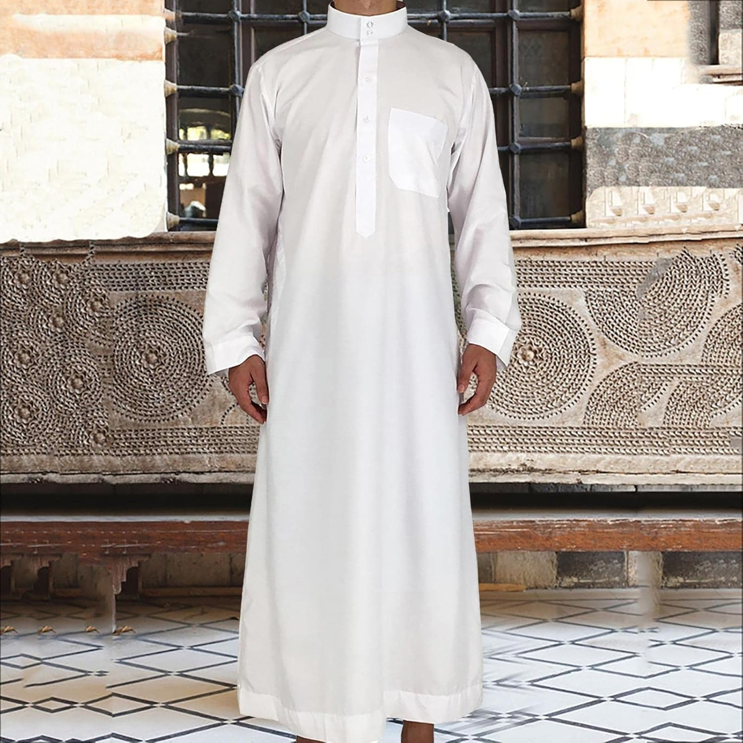 Men'Clothing Thobe - Men'S Casual Solid Saudi Arabic Thobe,Crew Stand Collar Kaftan Robe with Button for Beach, - 56（L） image number 3