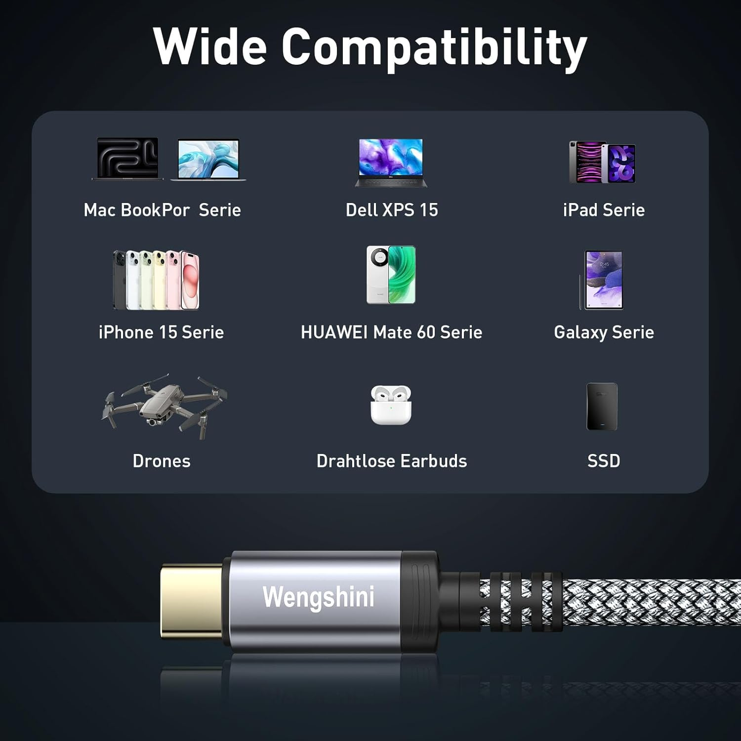 Wengshini USB C to USB C Cable 2M,240W/20Gbps USB C 3.2 Gen2 X 2 Data Cable, 4K@60HZ Video Transmission Video Transmission for Laptop, Mobile Phone, Steam Deck, Tablet, SSD, Monitor Etc.