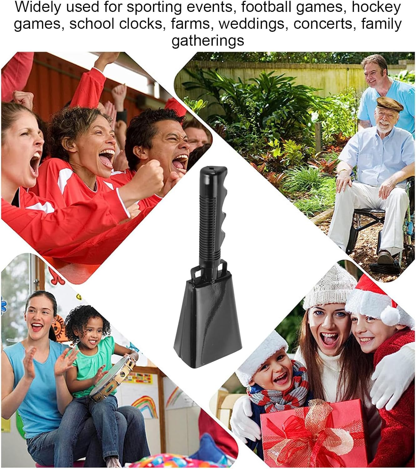 Tihebeyan 9 Inch Cowbell with Handle,Cheering Bell for Sporting Events,Cow Bell Loud Noise Maker Hand,Loud Alarm for Football Games, Concert, Farm Hand Chimes (Black) - Black image number 6
