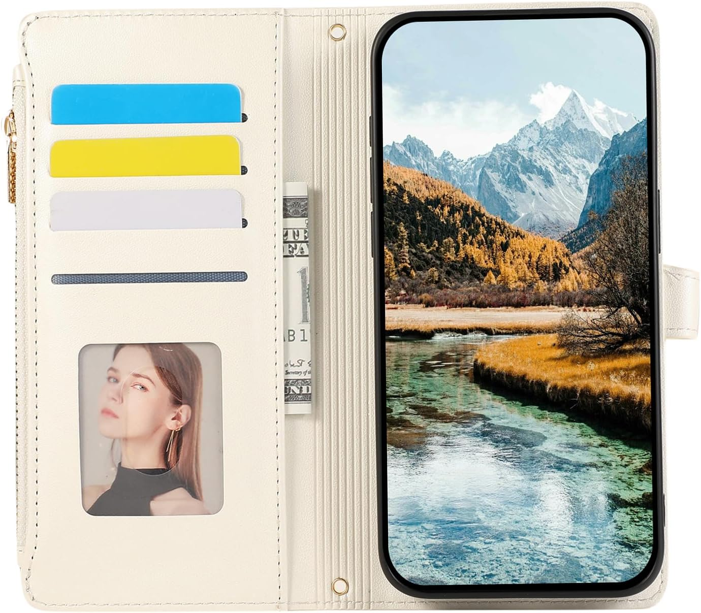 Vaitasy Compatible with Mobile Phone Case Iphone 15 Pro Zip Case Business PU Leather Flip Case for Iphone 15 Pro Protective Case with Card Slot Stand White image number 7