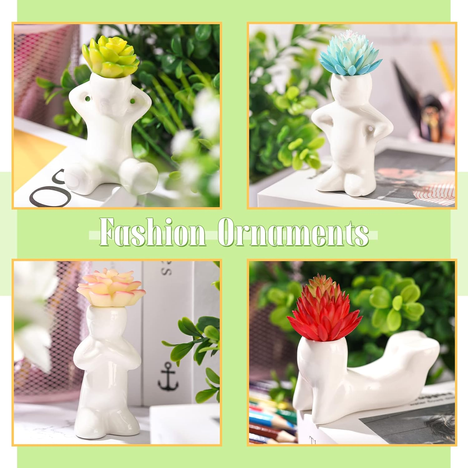 Potchen 4 Pieces Ceramic Air Planters Holder People Head White Cute Table Top Display Planters for Air Plants Lovers DIY Decoration Home Office Holiday (Twin Style) image number 1