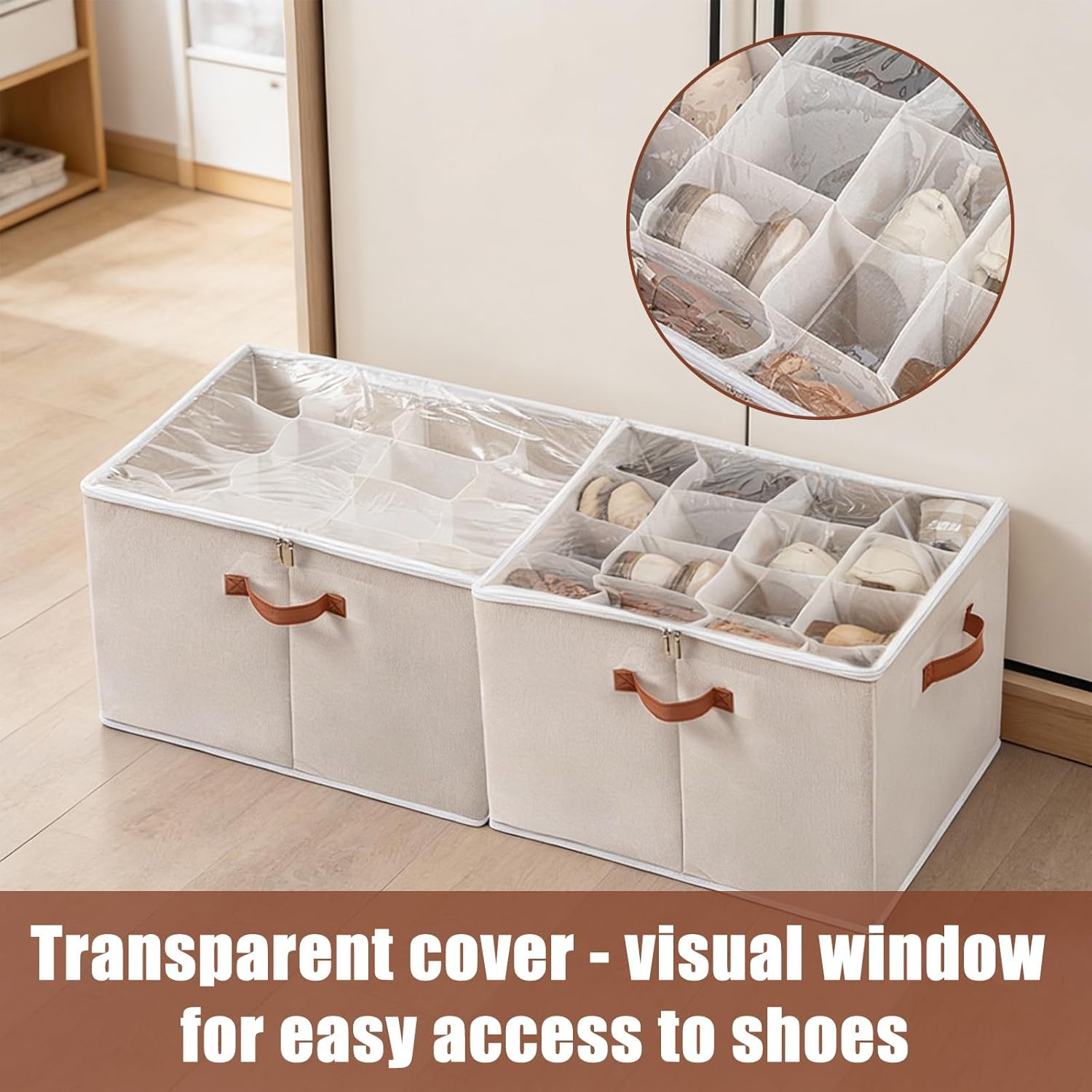 2Pcs Shoe Organizer, Clear Shoe Storage Box, Fits up to 16-32 Pairs, Foldable Shoe Box, Fabric Shoe Storage Bins with Clear Cover, Home Storage & Organisation image number 1