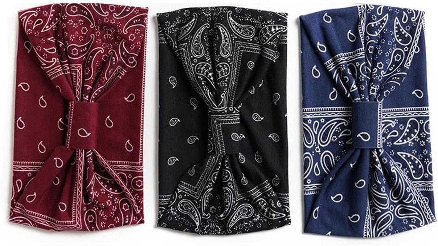Enwye 3 Pieces Headband Women Wide Headband Boho Floral Print Knot Elastic for Running Yoga Head Wrap (3 Colors) image number 1