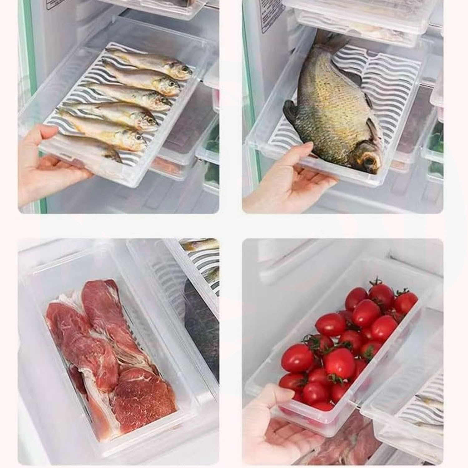 YIRANJIA 3Pcs Large Size Plastic Food Storage Containers Stackable Fridge Organiser for Fruit & Vegetable Storage or Wash, Kitchen Storage & Organisation Bins with Lids & Removable Drain Basket