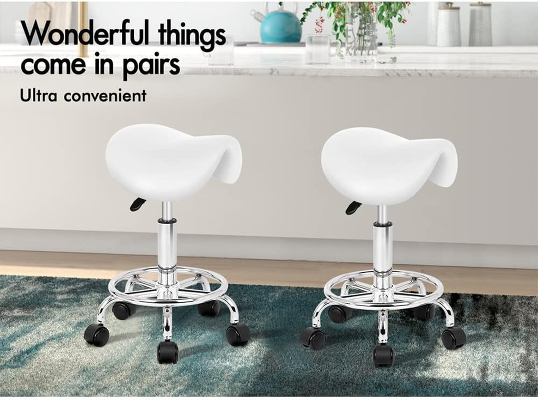 ALFORDSON Salon Stool Sierra Saddle Swivel Drafting Rolling Stools in 50-64.5Cm Height Adjustable PU Leather Spa Stool with Footrest Wheels Backless Hair Dress Barber Chair for SPA Massage White image number 4