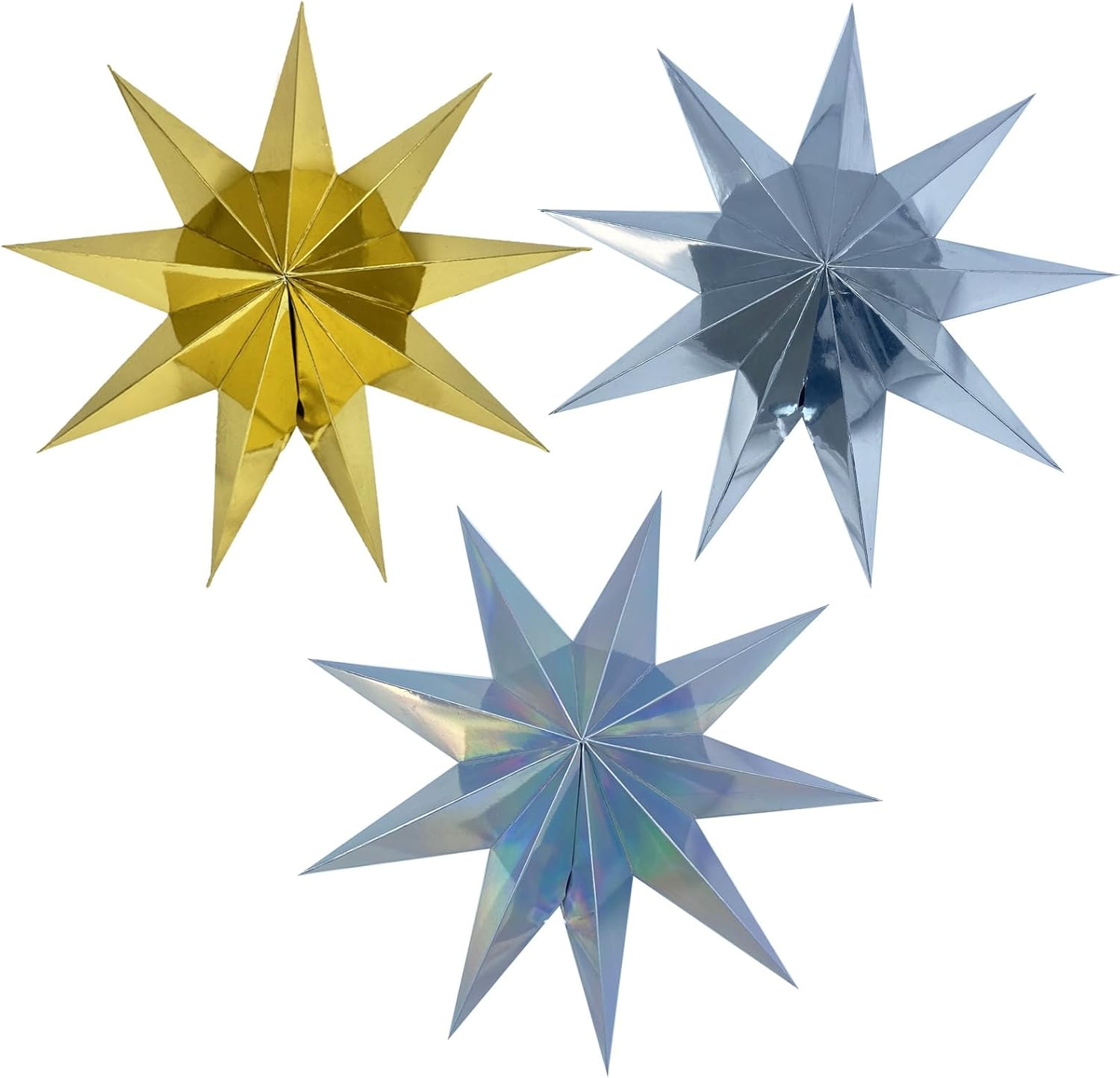 YUESUO 3 Pcs Paper Star 9 Pointed Star Lantern Hanging Christmas Day Decoration for Wedding Birthday Party Home Decor (Gold+Silver+Colorful)