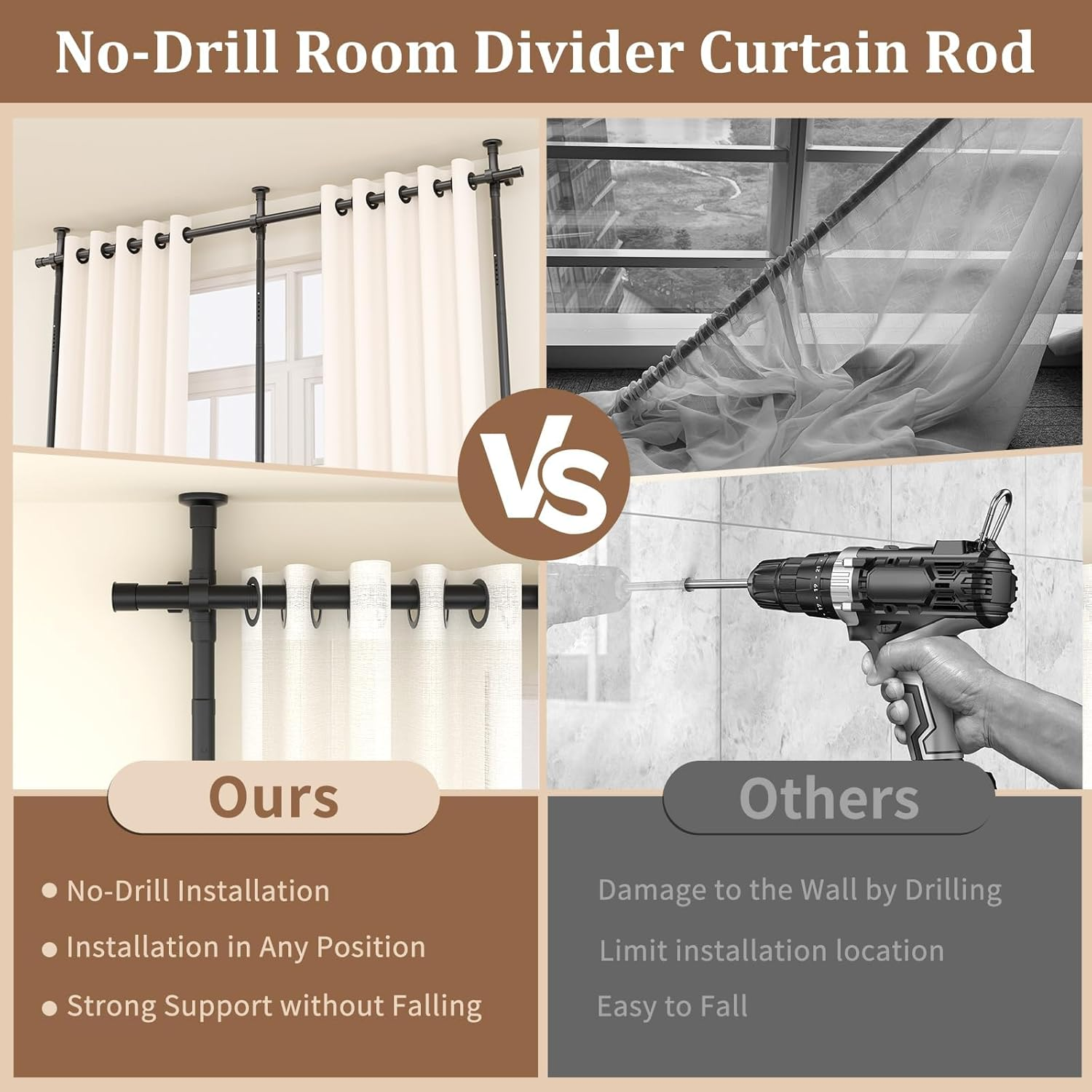 Koreal Room Divider, Curtain Rods No Drilling, 121-304Cm Height and 71-290Cm Width Adjustable Tension Rod, Tension Curtain Rod for Space Partition,Room Partition Privacy Separator, Black,No Curtains image number 3