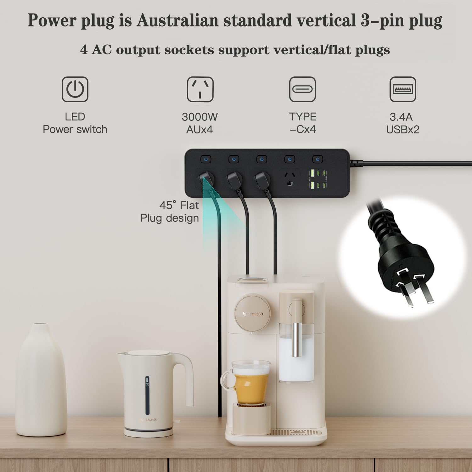 Power Board 3250W with Individual Switch,10-In-1 Power Strip with 4 AC Outlets, 6USB Ports(4 USB C) Surge Protector Powerboard, 2.9M Extension Cord Power Strip,Wall Mount for Home Office (Black) - Black image number 2