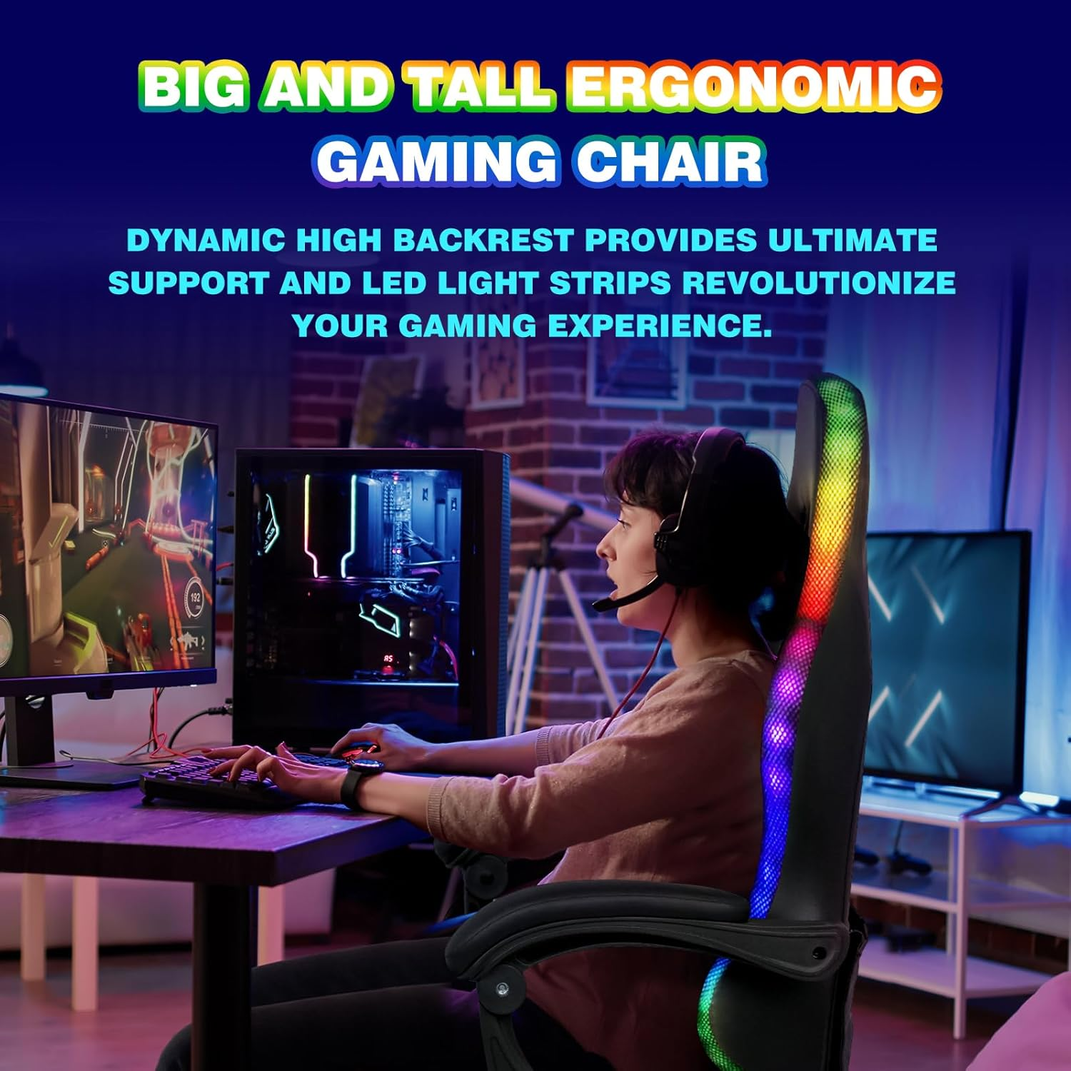 Advwin Gaming Chair with Massagers and LED Lights, Executive Office Chair with 135&deg; Recline, Racing Computer Chair with Footrest, Lumbar Support, Adjustable Height and High Back (Black & Blue) image number 6