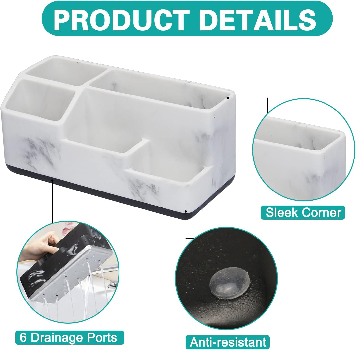 Richenda Toothbrush and Toothpaste Holder with Drainage, 5 Slots Bathroom Organizer Storage Caddy Countertop Anti-Slip Home Storage Organisation for Shower,Bath Products, Kitchen, White Marble - White Marble image number 4