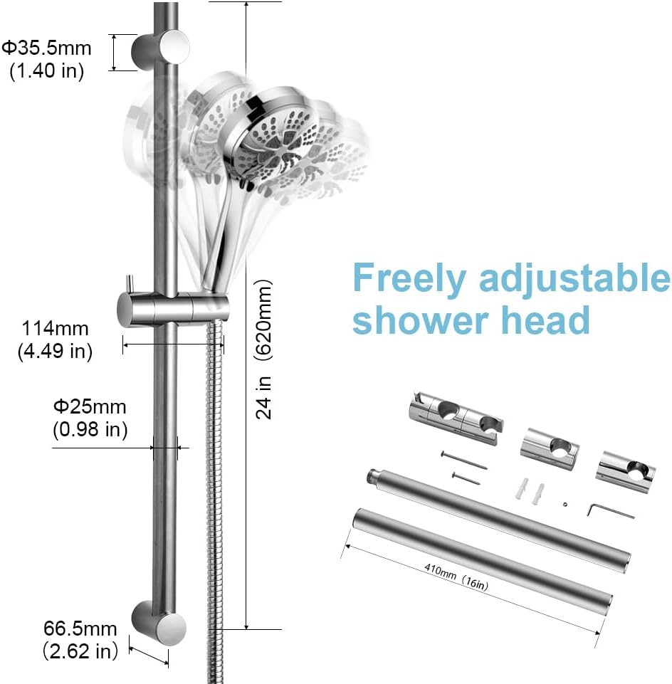 OFFO Shower Slide Bar, 62Cm(24 Inches) Segmented Wall Mounted Shower Rail Adjustable Installation Distance 28-61Cm with 360&deg; Adjustable Handheld Shower Head Holder Replacement for Shower, Chrome image number 6