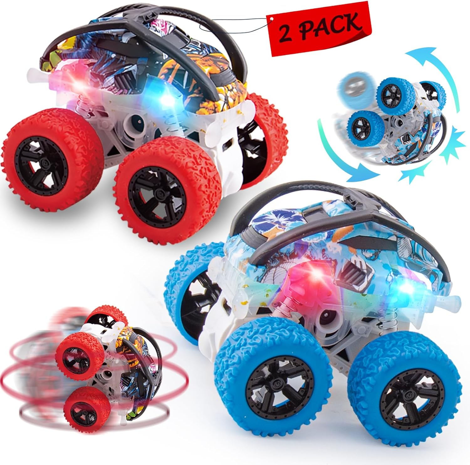 Car Toys for 2 3 4 5 6 Year Old Boys,2 Pack Monster Truck Toy with Lights,4Wd Push and Go Inertia Cars,360&deg;Rotation Pull Back Vehicle,Cool Toys for Kids Age 2-6 Christmas Birthday Party Gift
