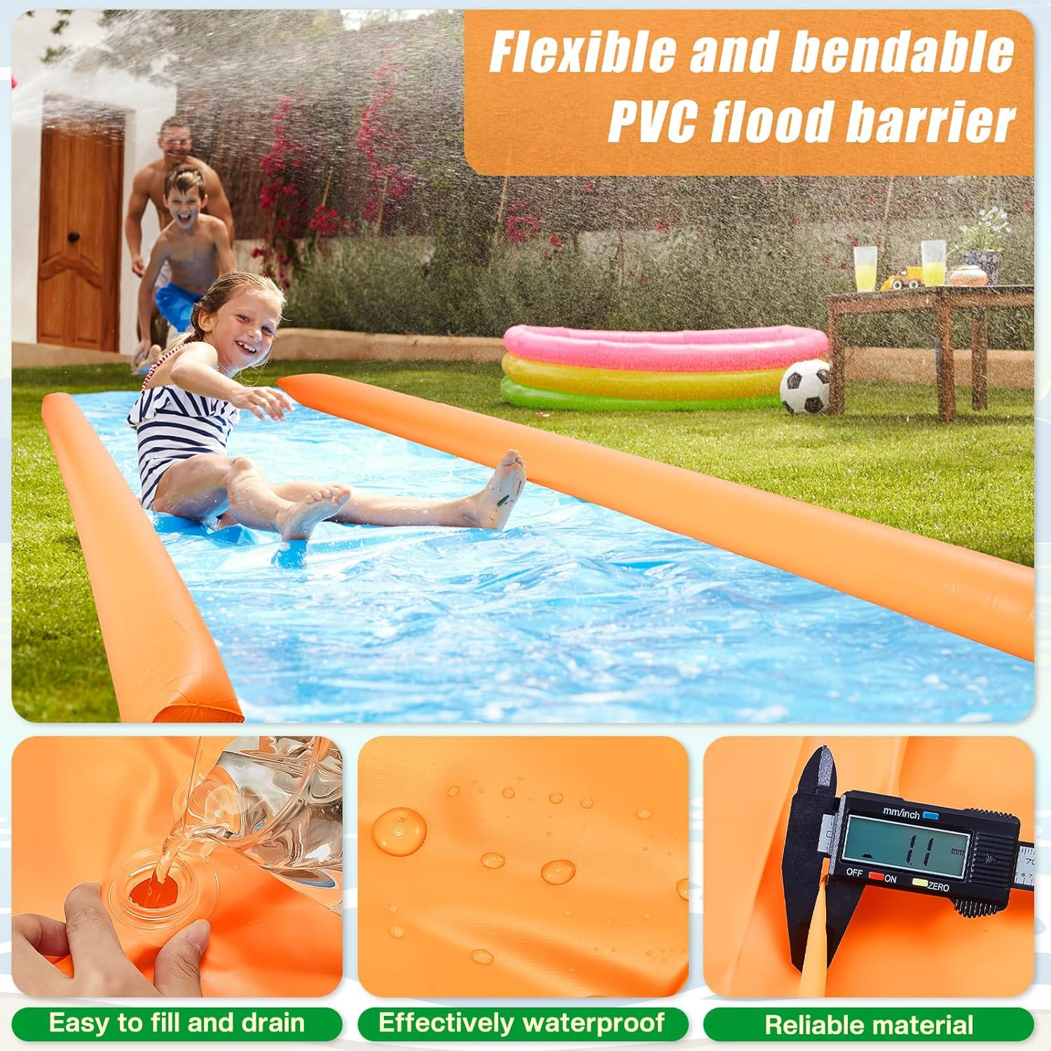 Amylove 4 Pcs PVC Inflatable Flood Barriers for Home Reusable Garage Water Barriers Flood Prevention Barriers for Flooding Rain Snow Melted Garage Door Basement Home(Orange, 6 Ft X 20 in X 12 In) image number 6
