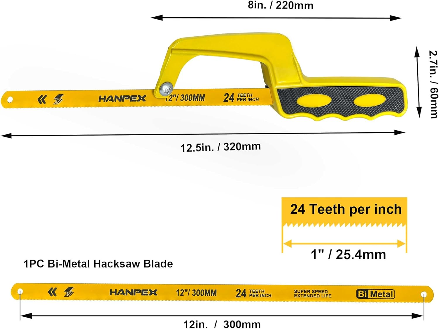Hanpex Mini Hacksaw for Metal, Compact Hand Operate Aluminum Hack Saw with 12 Inch Flexible Bi-Metal Hacksaw Blade &ndash; Metal Cutting Saw, Small Hacksaw for Metal and Wood image number 1