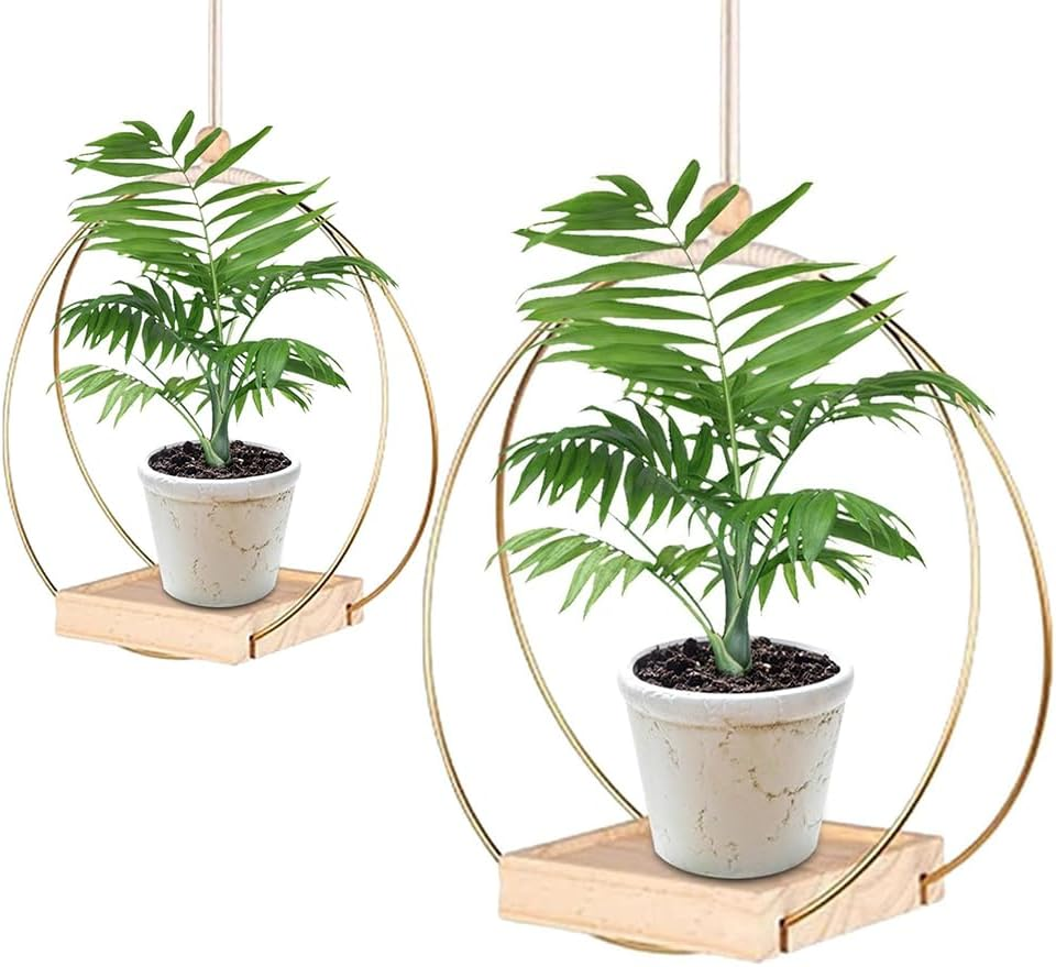 Hanging Planter with Wood Base, Modern Macrame Plant Hanger for Indoor Outdoor Wall Ceiling Window Boho Home Decoration, Gold (Planter/Plants Not Included) image number 4