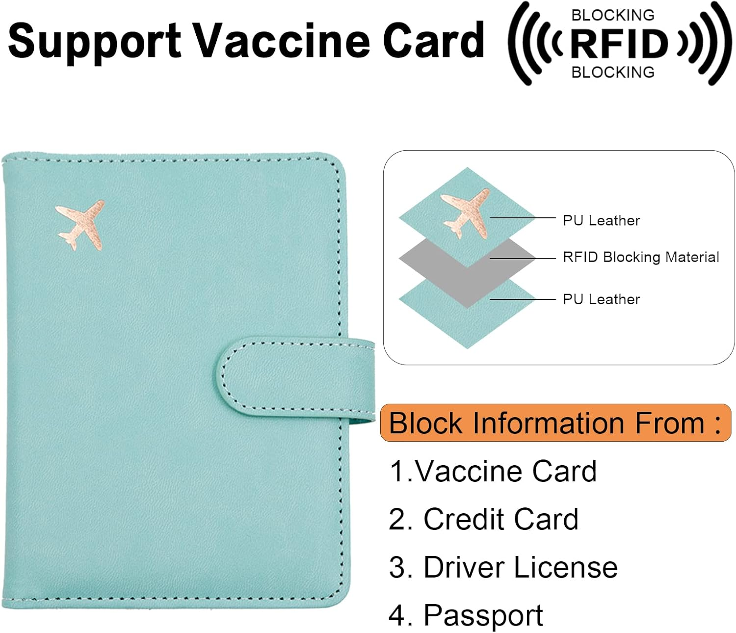 Deziliao Passport and Vaccine Card Holder Combo, PU Leather Passport Holder with Vaccine Card Slot, Passport Wallet for Men and Women&hellip;, Aqua Green, Upgrade - Black-Fly image number 6