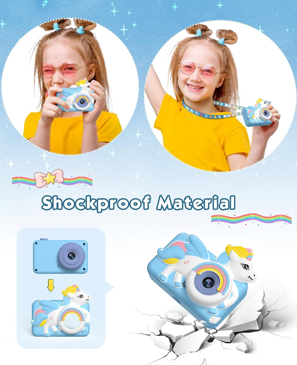 Kids Digital Camera with Tripod, 1080P HD /2 Inch Screen/ 32G Card/Music Video Camera with Unicorn Silicone Cover, Children Selfie Camera for Boys Girls Age 3-12 Years Old (Blue) image number 5