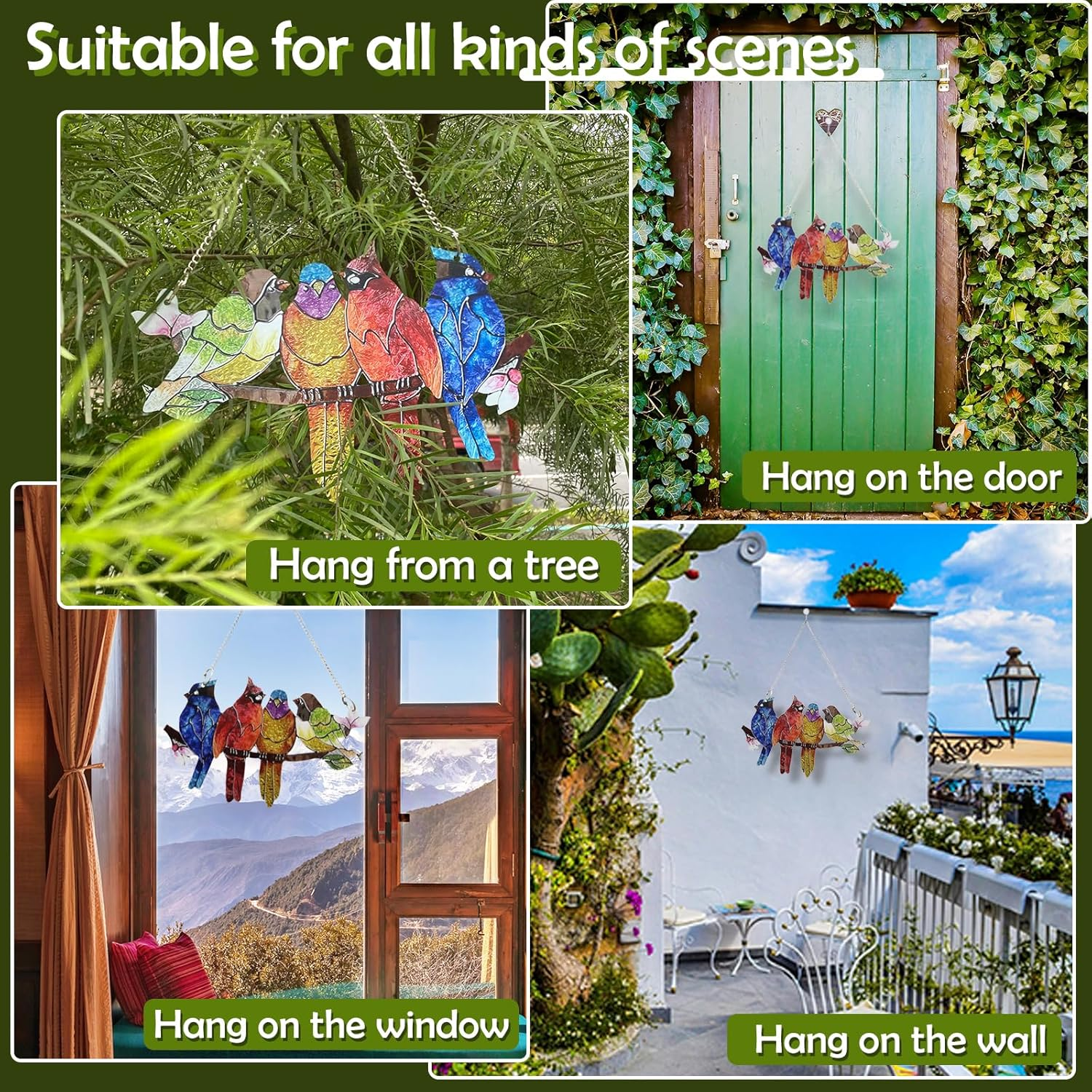 VNRGG Stained Birds on Branch Ornaments Double Sided Metal Texture Sculpture Art Home Indoor or Outdoor Wall Hanging Decor image number 5