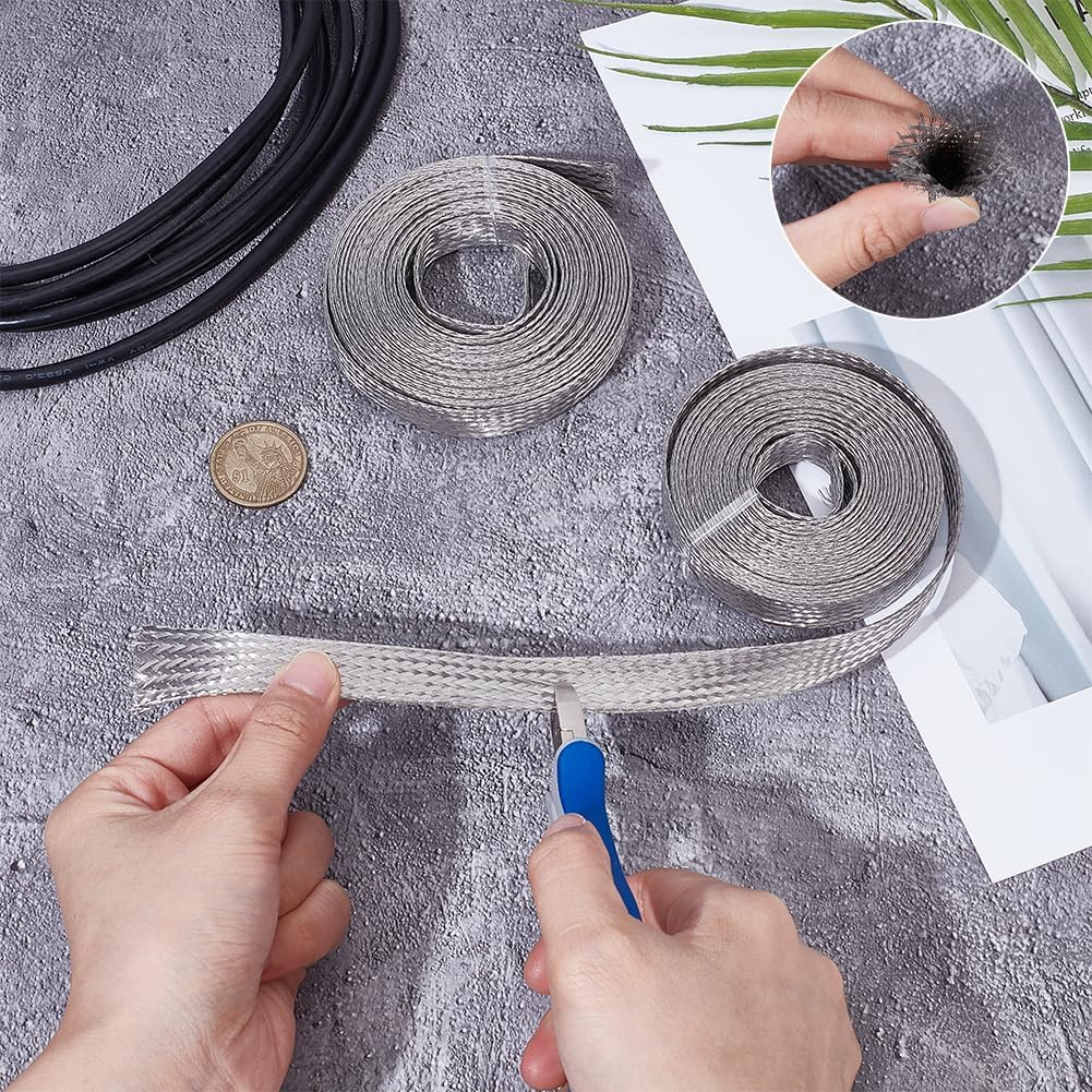 UNICRAFTALE 1.88"（15Mm）Wide Braided Sleeving Braid Stainless Steel Cable Wire Shielding Sleeve Ground Straps Protection Metal Mesh Flexible Expandable Scalable Ribbon Wire for Protect Cable 26 Feet image number 3