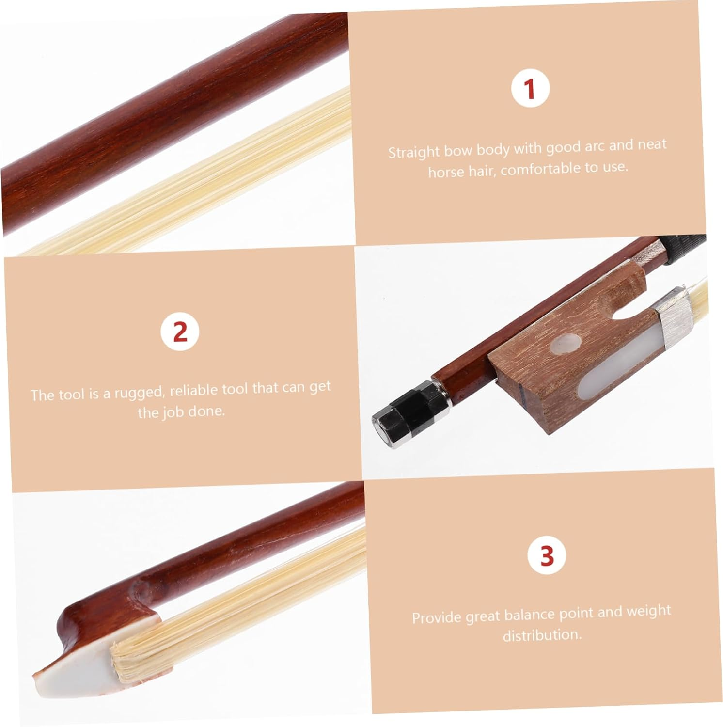 SUPVOX Violin Practice Bow 1/2 Violin Bow Arbor Practice Horse Hair 1/2 Size Well Balanced Handmade Red Sandalwood image number 4