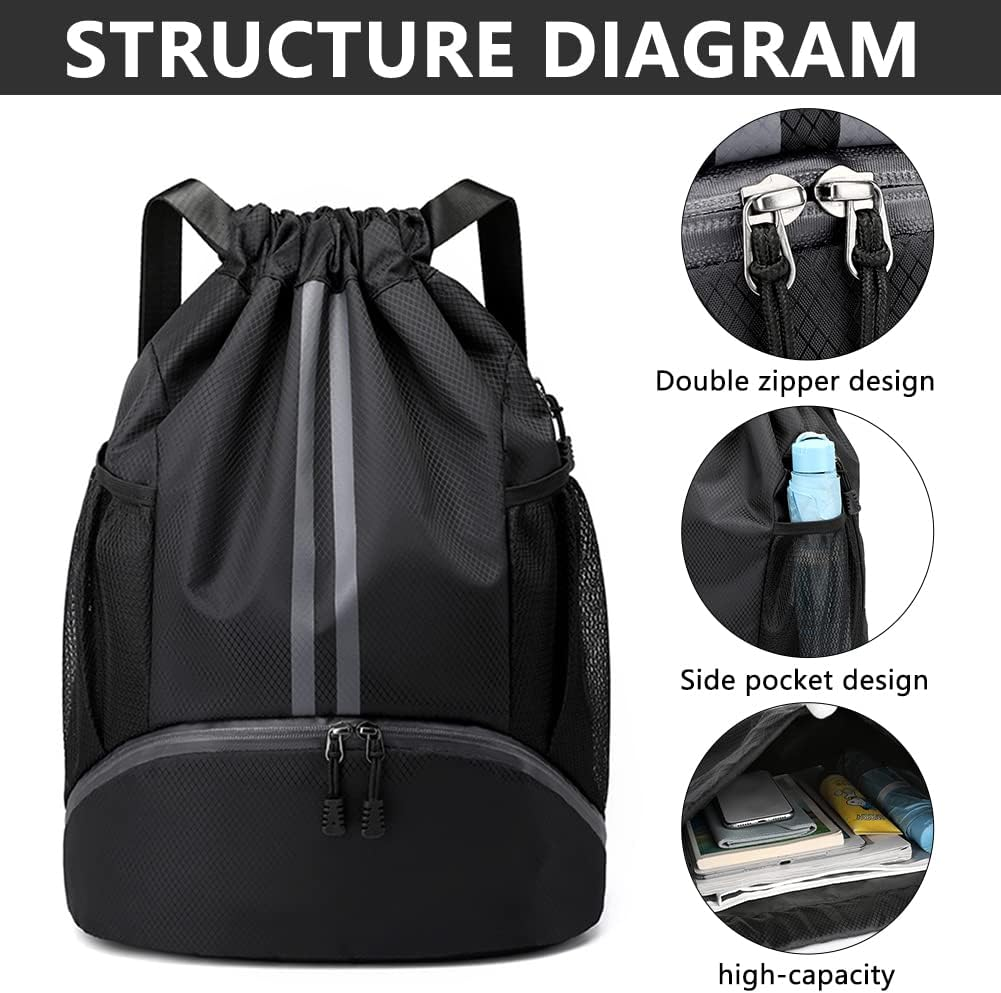 Drawstring Backpack Sports Gym Bag with Shoes Compartment, Waterproof Draw String Back Bag for Men Women - Black-1 image number 6