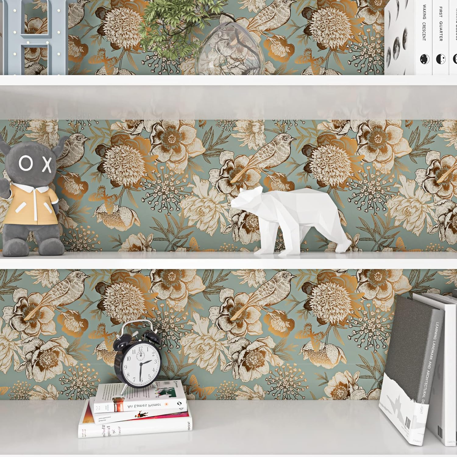 Rewallpaper Vintage Gold Floral Wallpaper Garden Bird Flower Peel and Stick Wallpaper for Bedroom Accent Wall 17.5In X 10Ft Dark Cyan Teal Contact Paper for Cabinets Peel & Stick Vinyl Wall Paper image number 5