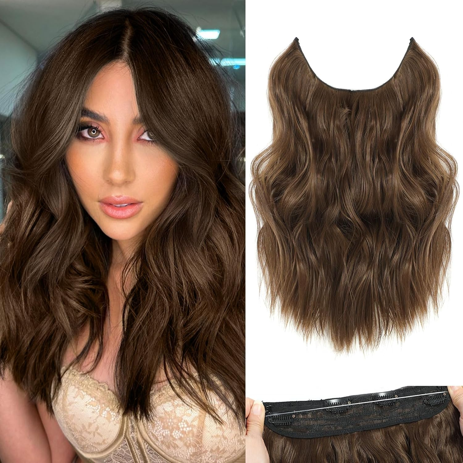 BUPPLER Halo Hair Extensions 12 Inch Invisible Wire Hair Extensions Adjustable Long Wavy Hairpiece Synthetic Upgrade 4 Secure Clips in Hairpieces 12 Inch,Light Brown