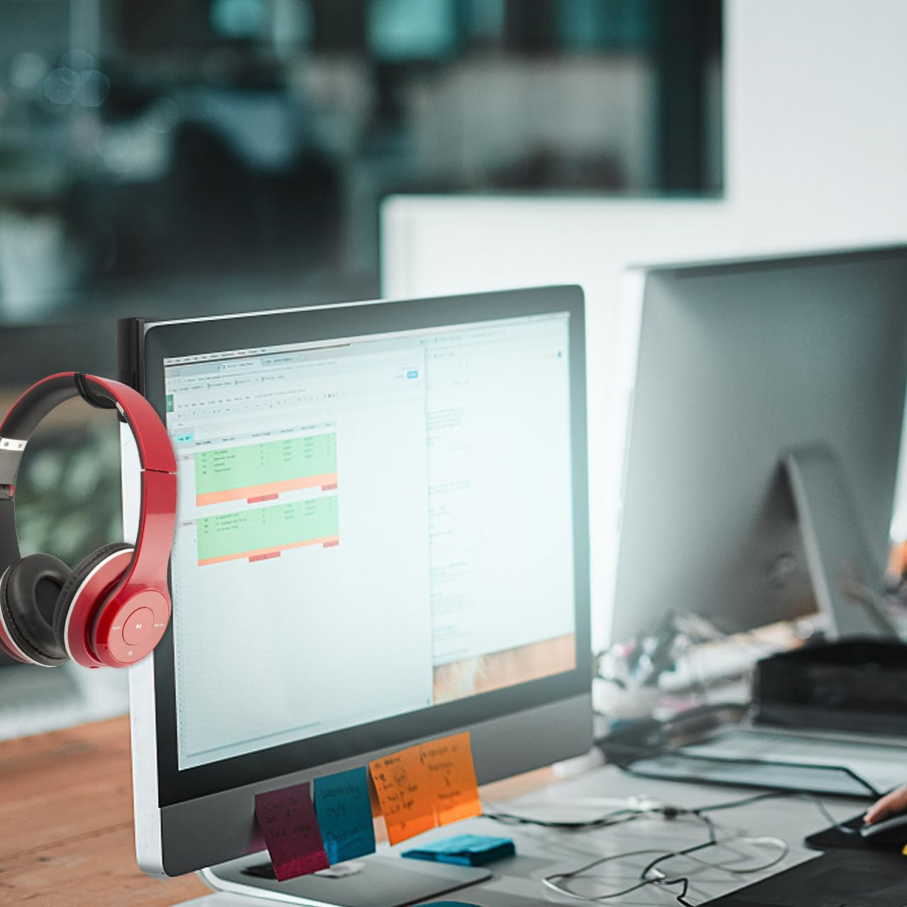 Angoily 5Pcs Headphone Hook Gadget Screen Monitor Headphones Earphones Sport Headphones Headset Mount for Monitor Dual Headphone Stand Headset Holder Mount Cable Hub Black Plastic image number 1