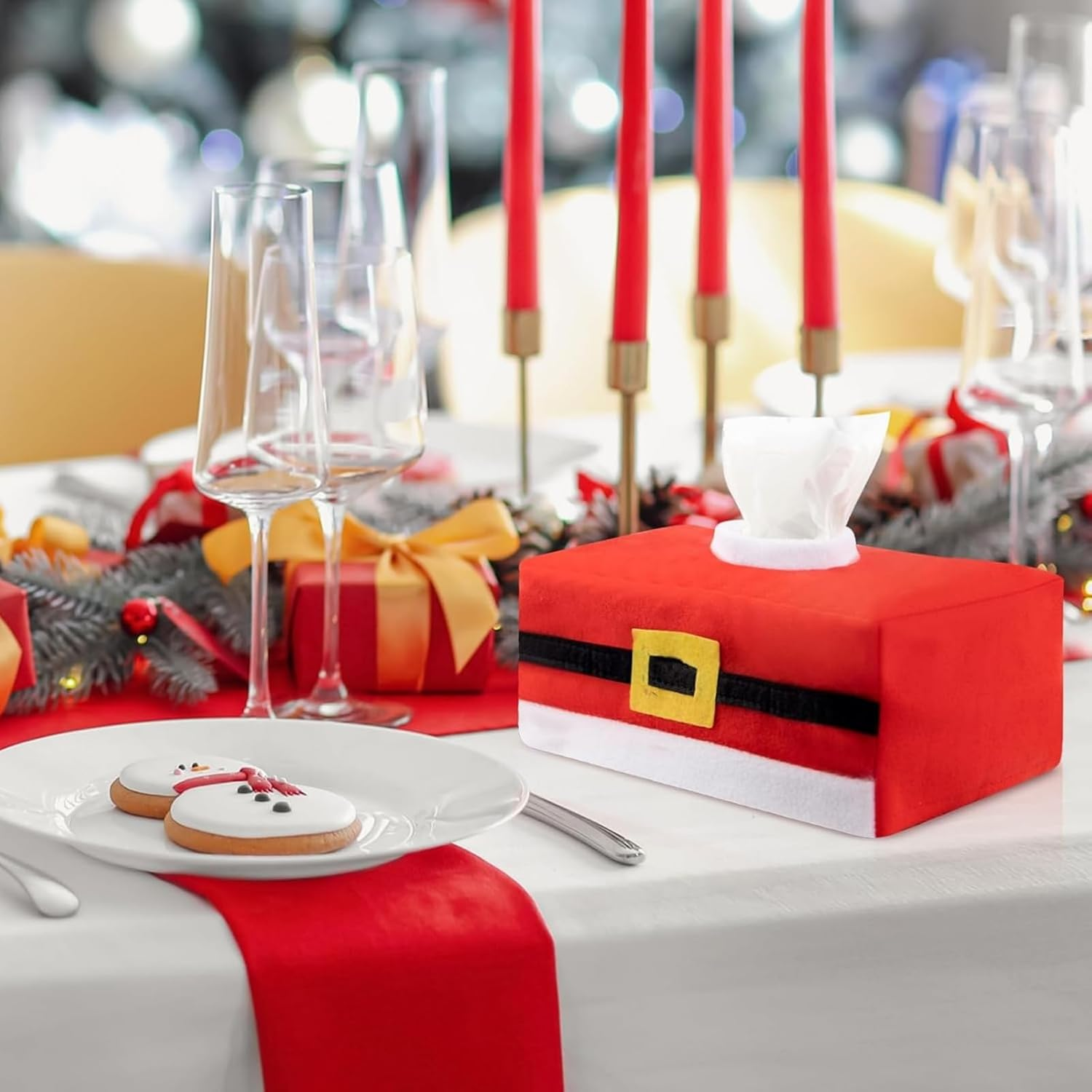 2 Packs Christmas Tissue Box Covers, Rectangular Santa Belt Paper Towel Holders, Festive Tissue Box for Car, Living Room, Kitchen and Holiday Decorations image number 4