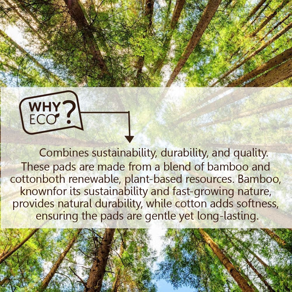 Eco Basics Reusable Bamboo Facial Pads &ndash; 100% Plant-Based, Dual-Sided for Makeup Removal & Exfoliation, Washable, Eco-Friendly with Cotton Wash Bag, Diameter 8Cm, Bag Size 20X17Cm image number 6