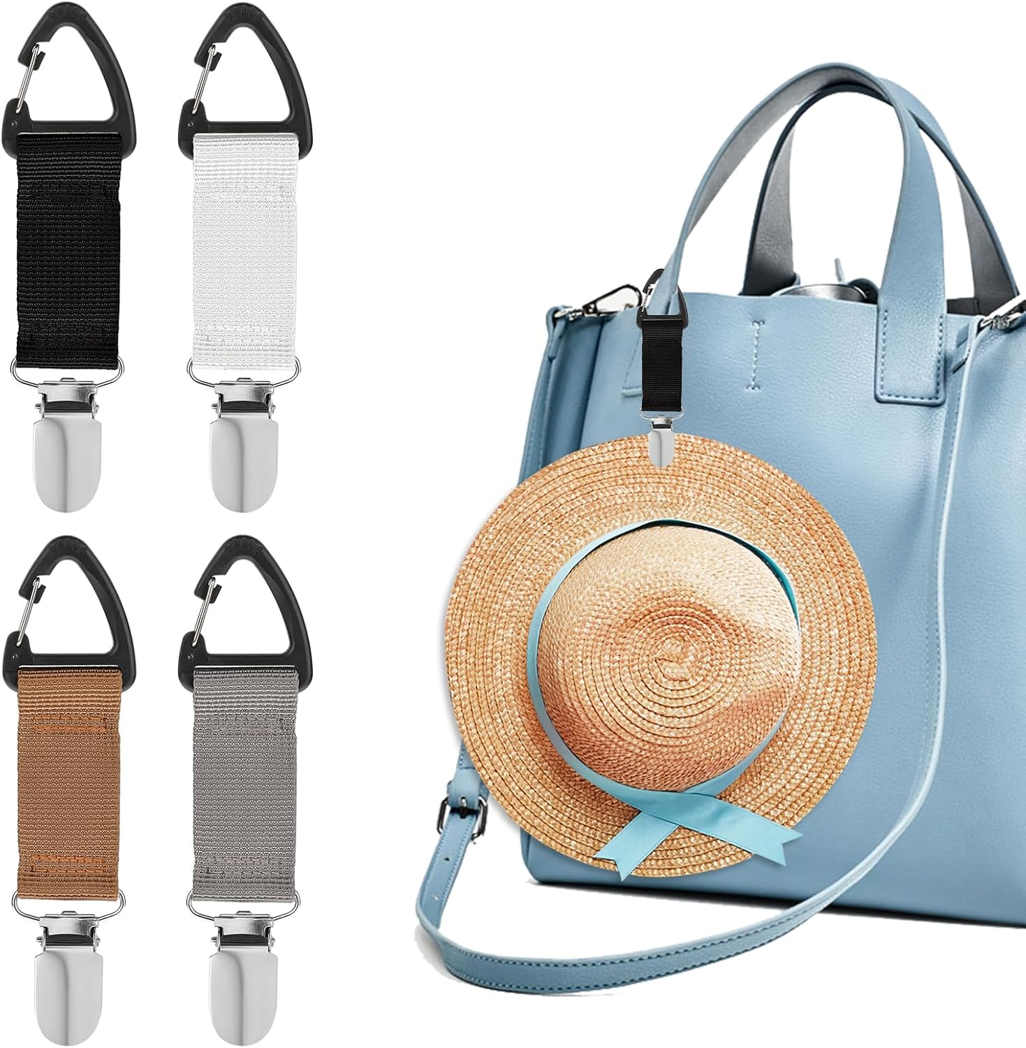 Mabor 4Pcs Hat Clips for Travel on Bag,Hat Clip,Hands-Free Quick Access & Removal,Travel Accessories,Outdoor Bags, Backpacks, Purses,Beach Hat Totes for Women Girls Beach, Black, White, Khaki, Silver image number 3