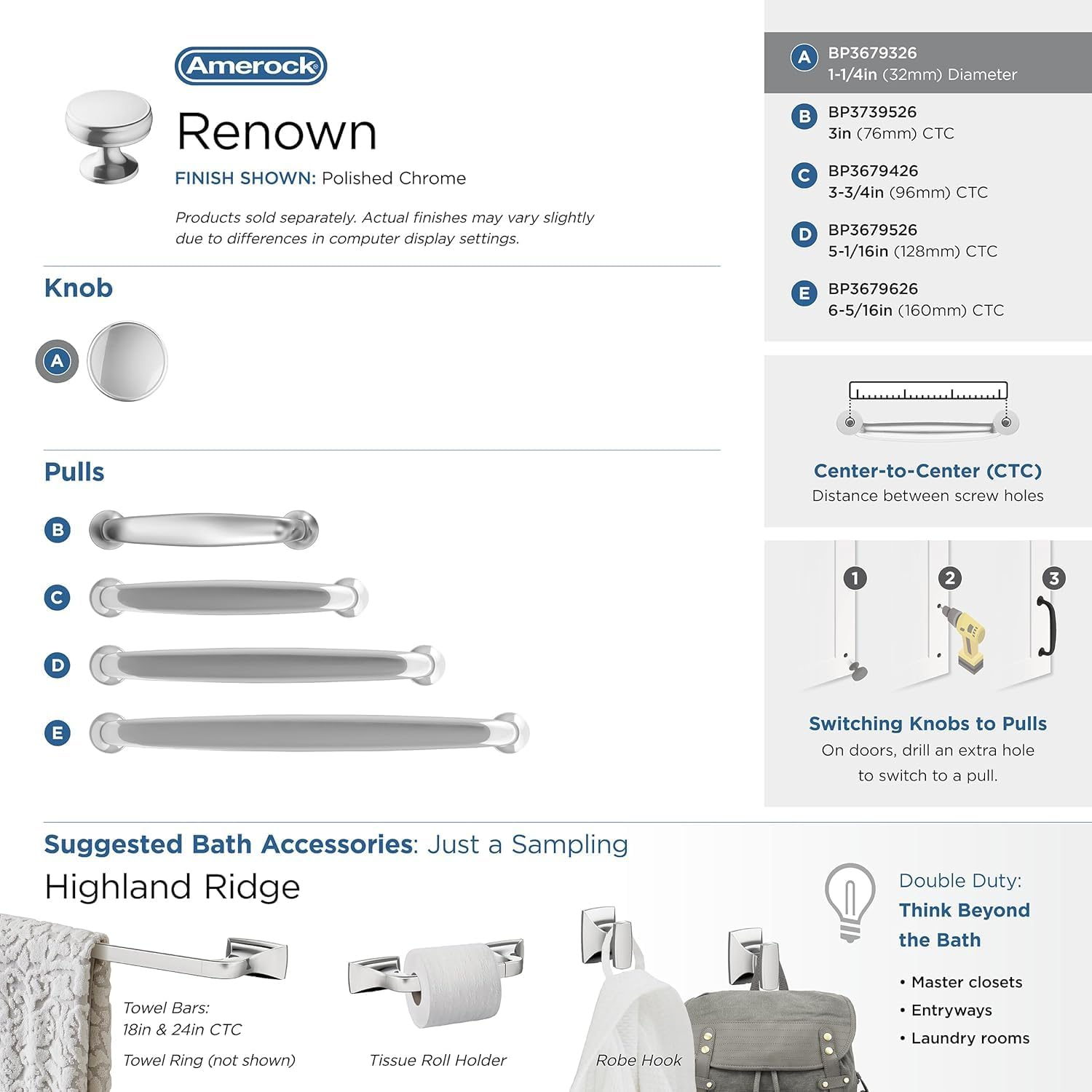 Amerock | Cabinet Knob | Polished Chrome | 1-1/4 Inch (32 Mm) Diameter | Renown | 1 Pack | Drawer Knob | Cabinet Hardware image number 1