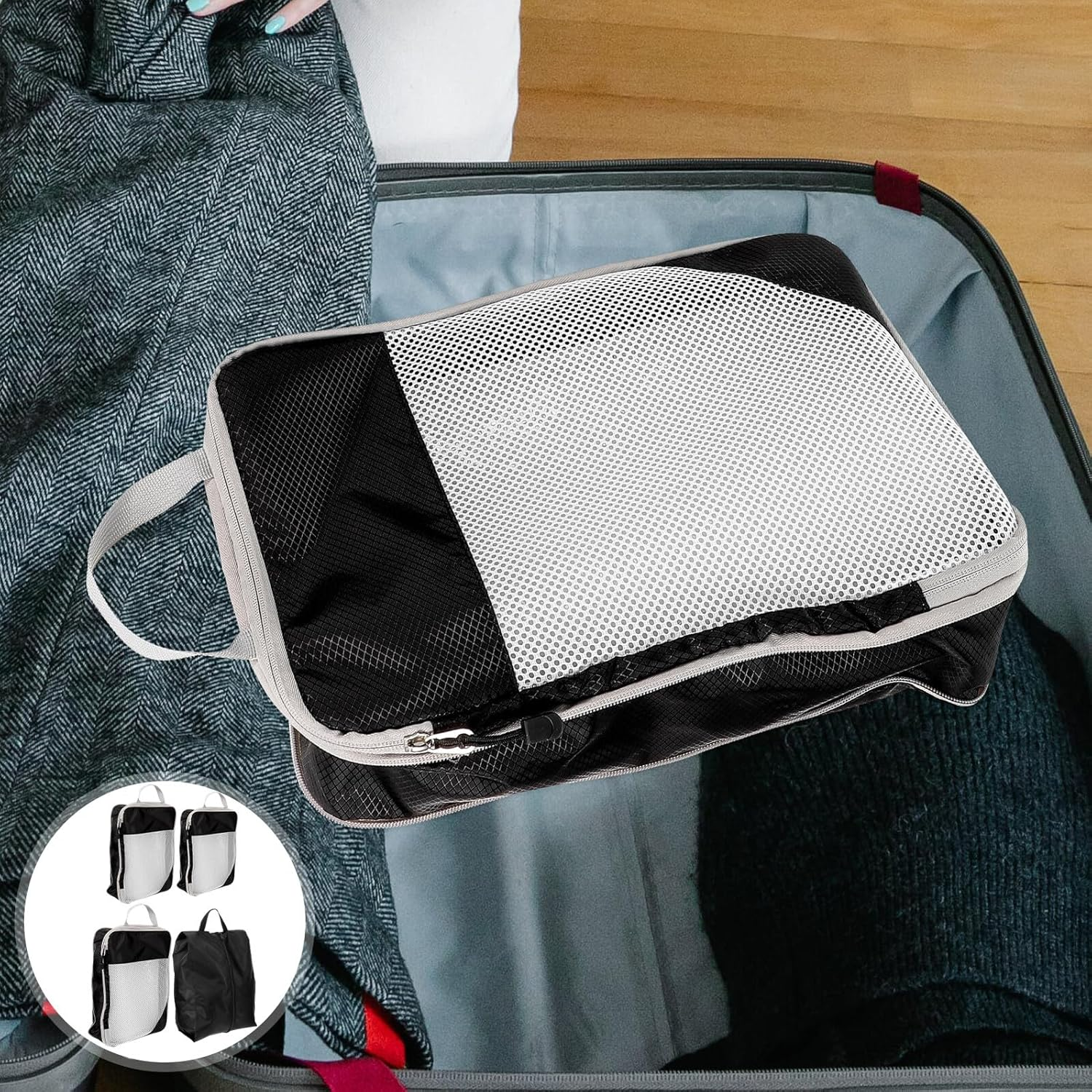 LRXIYODE 4Pcs Travel Compression Storage Bags for Luggage Lightweight Clothes Organizer with Zipper Closure Space-Saving Packing Cubes for Shoes and Apparel Travel Accessories for Compact