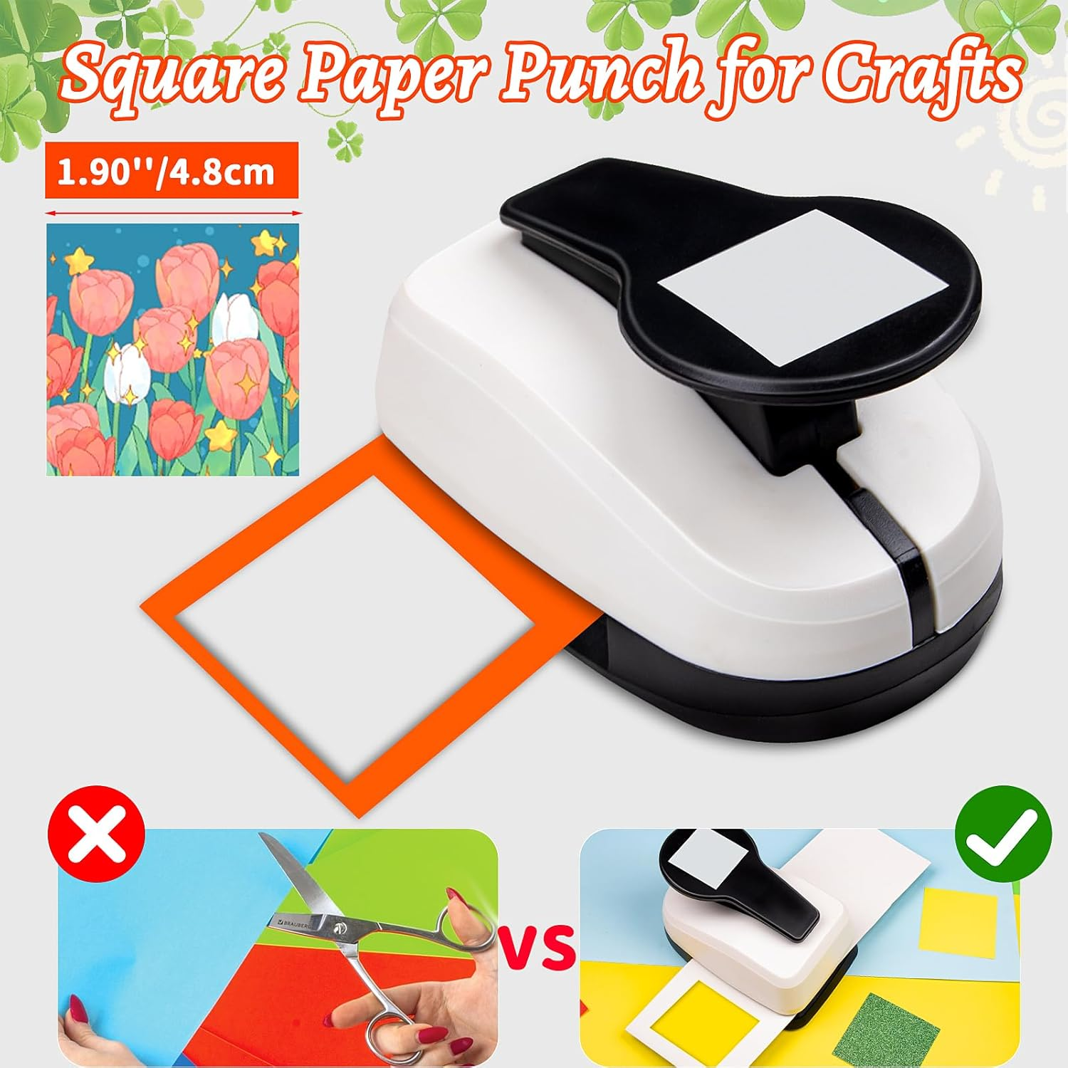 HKKYO Square Punch 1.9 Inch Square Hole Puncher for Crafts, Orange Plastic and Metal Handle, 4.41 X 2.95 X 2.76 Inches image number 5