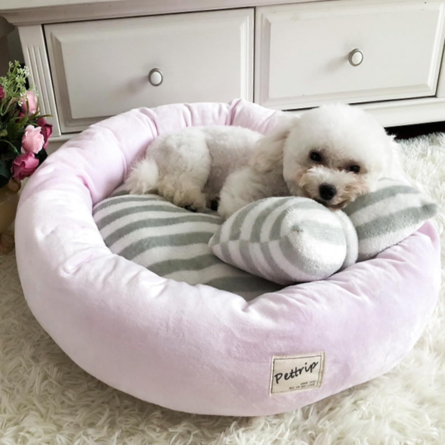 PETCUTE Dog Bed Cat Bed Washable Dog Sofa round Cushion Bed Faux Suede Pet Bed for Large Medium Small Dogs Cats (M-55 X 15 Cm, Pink)