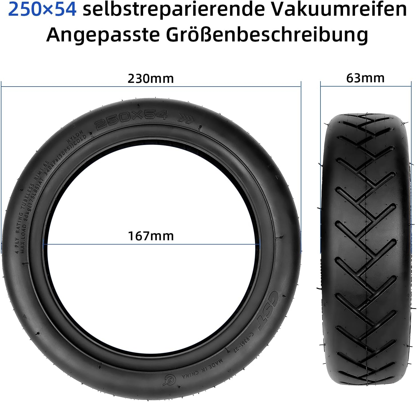 The Tubeless Tyres 250 X 54 Are Repairable and Suitable for Xiaomi 4 Electric Scooter, 10 X 2.125 Tubeless Tyres for Ninebot F20 F25 F30 F40, 10 Inch Replacement Tyres Front/Rear Tyres, 1 Piece image number 5