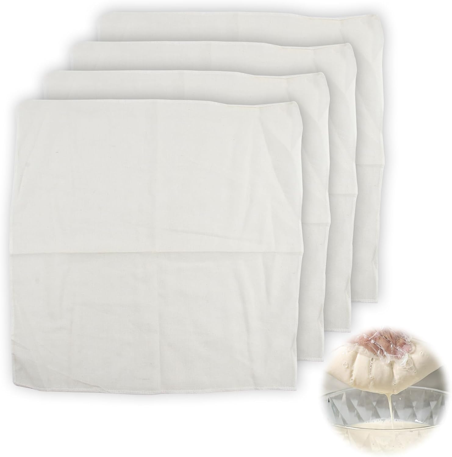 4 Pcs Reusable Cheesecloth for Straining, Pure Cotton Muslin Cloths Grade 90 Lint-Free Unbleached 50 X 50Cm, Fit for Cheese Cooking Baking Filtering Steaming Nut Milk Strain image number 1