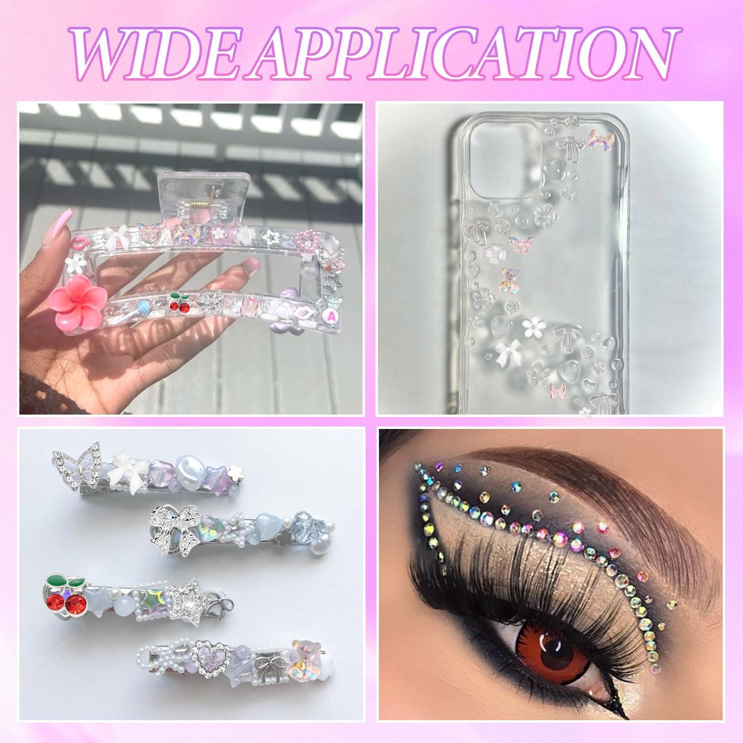 3D Nail Charms and Gems, White Flower Nail Pearls, Polar Clear Butterfly Bear Bows Nails Art Charm, Silver Cherry Star Heart Studs Jewelry Charms for Nails Art Design